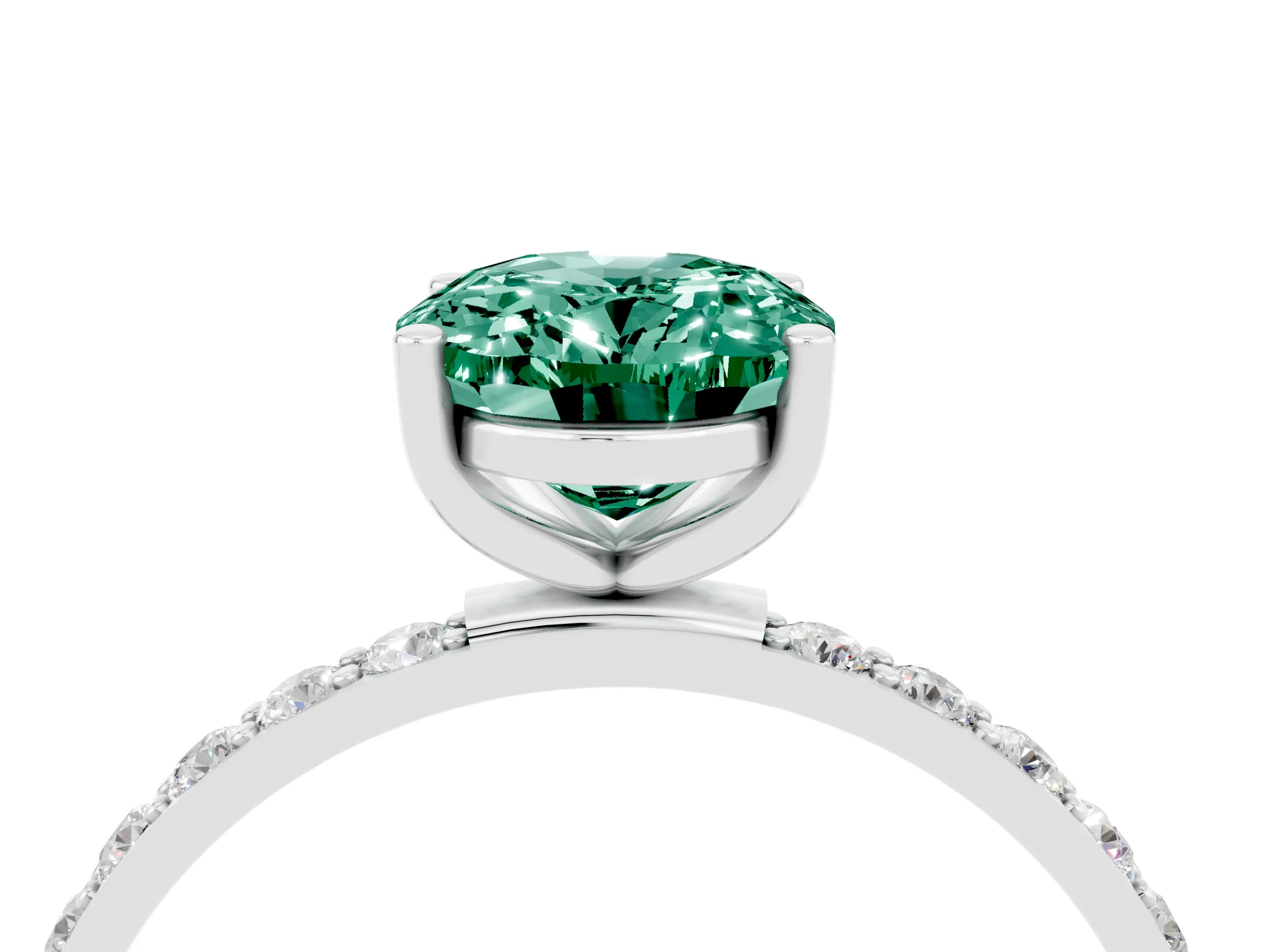 White gold Oval Cut Green Sapphire Solitaire Ring with Pave Band and Four Prong Setting_28