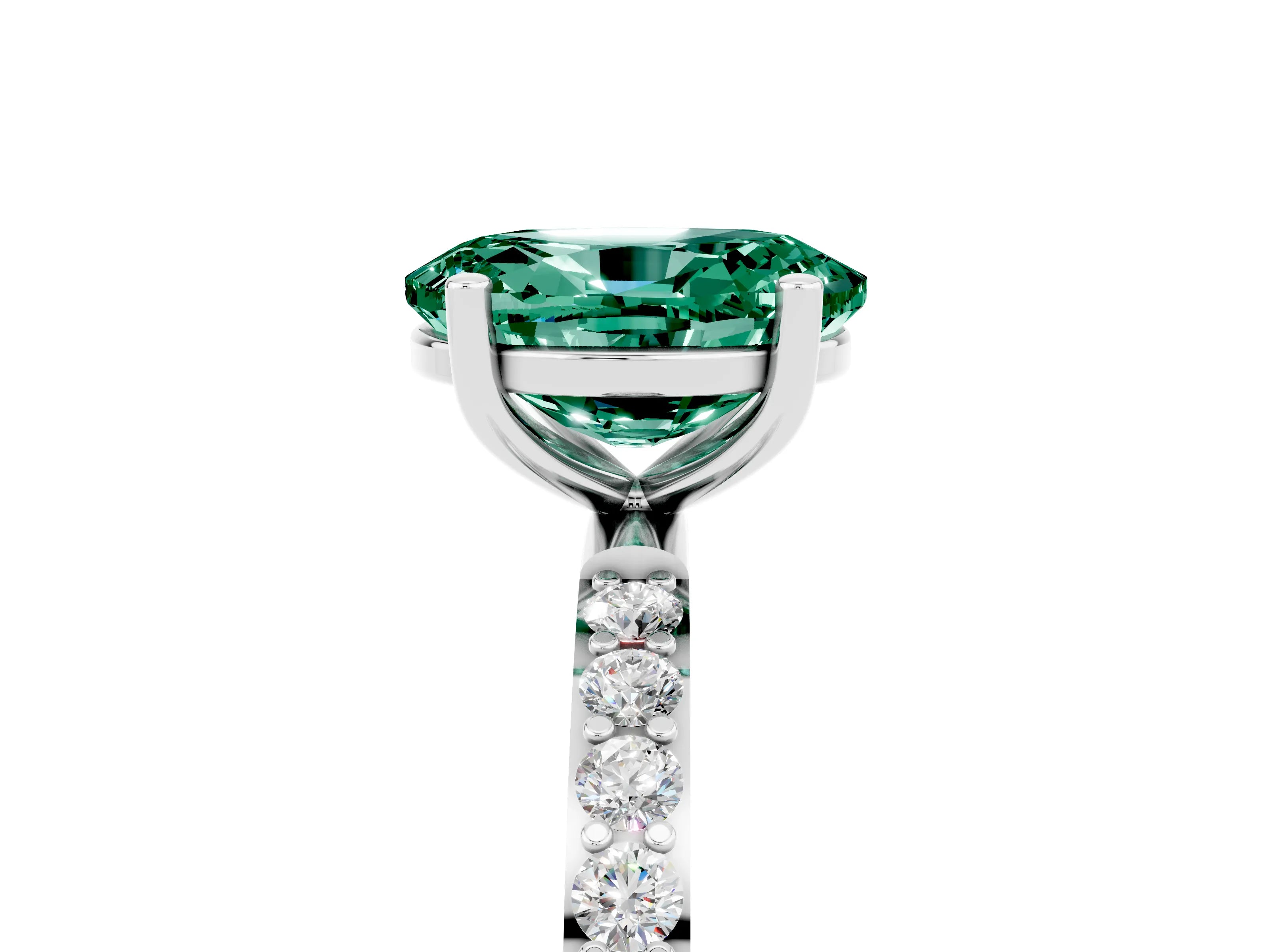 White gold Oval Cut Green Sapphire Solitaire Ring with Pave Band and Four Prong Setting_29