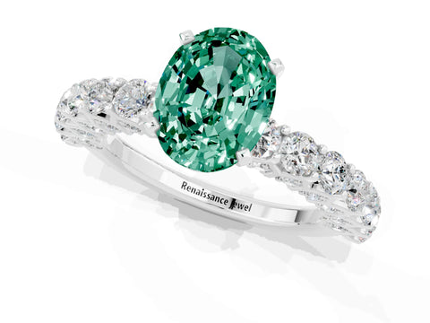 White gold Oval Cut Green Sapphire Solitaire Ring with Shared Prong Pavé Band and Four-Prong Setting_1