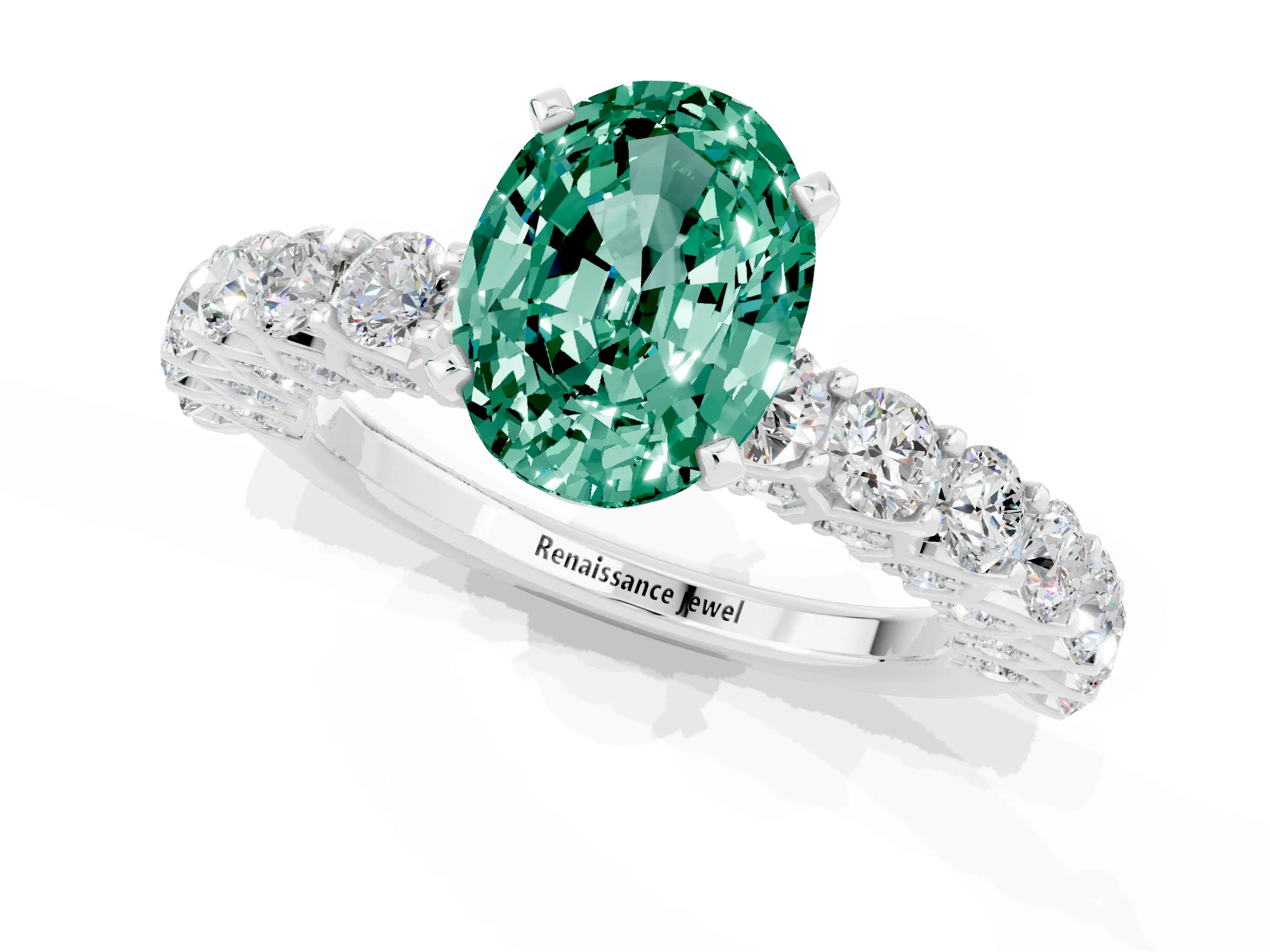 White gold Oval Cut Green Sapphire Solitaire Ring with Shared Prong Pavé Band and Four-Prong Setting_1