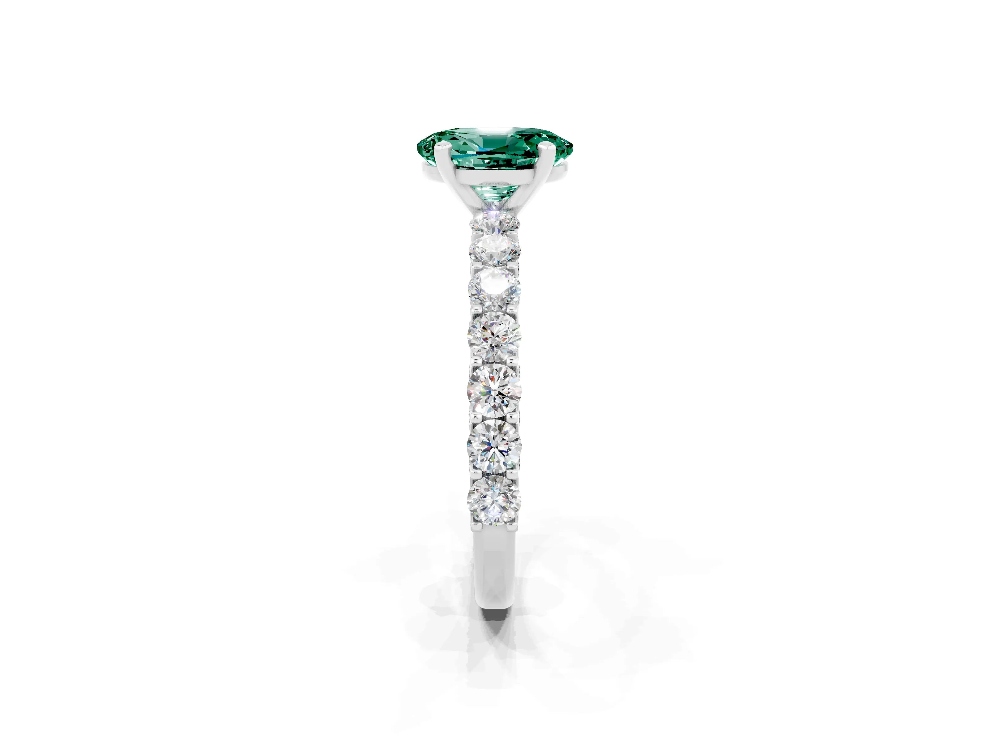 White gold Oval Cut Green Sapphire Solitaire Ring with Shared Prong Pavé Band and Four-Prong Setting_2