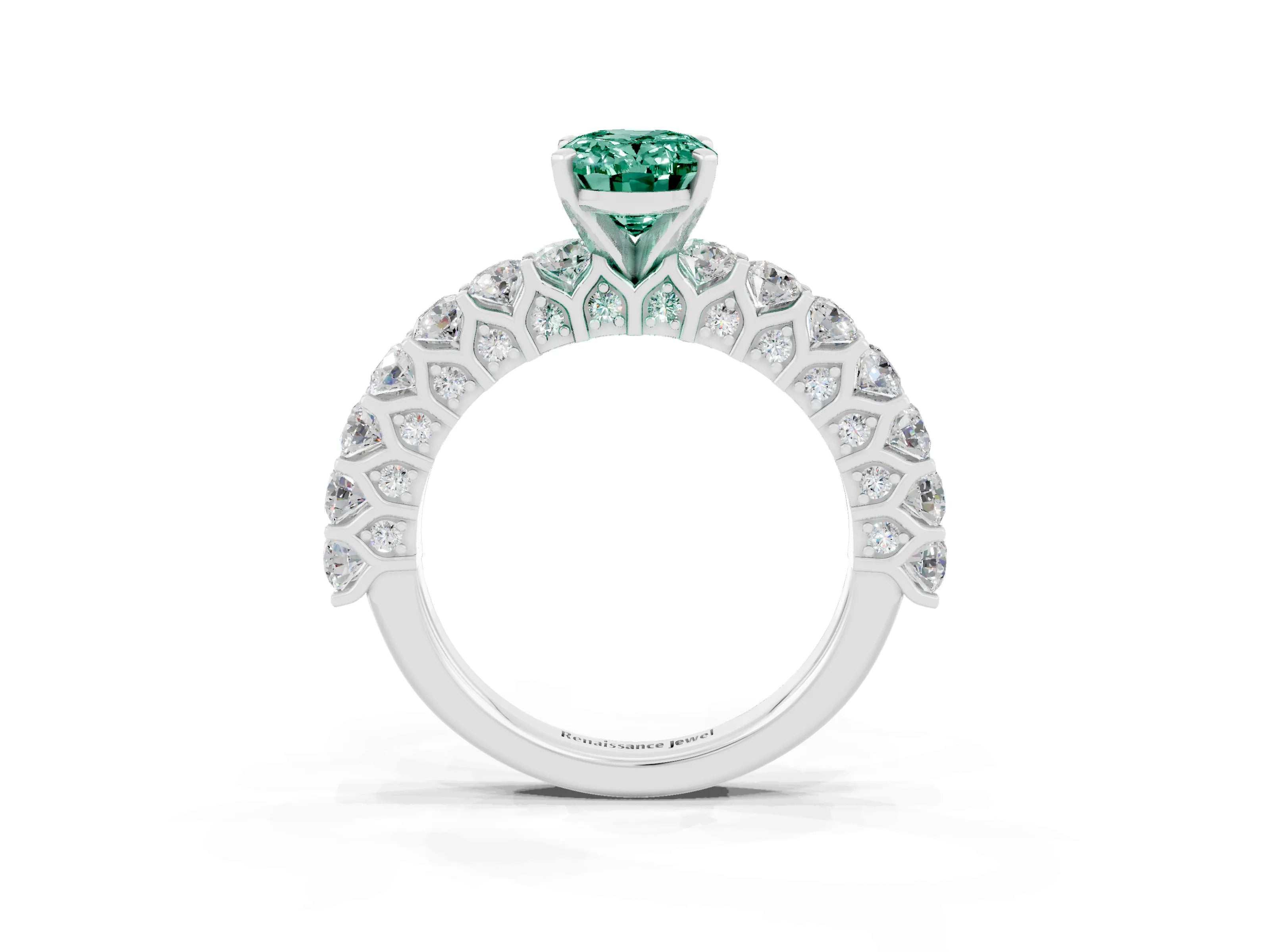 White gold Oval Cut Green Sapphire Solitaire Ring with Shared Prong Pavé Band and Four-Prong Setting_3