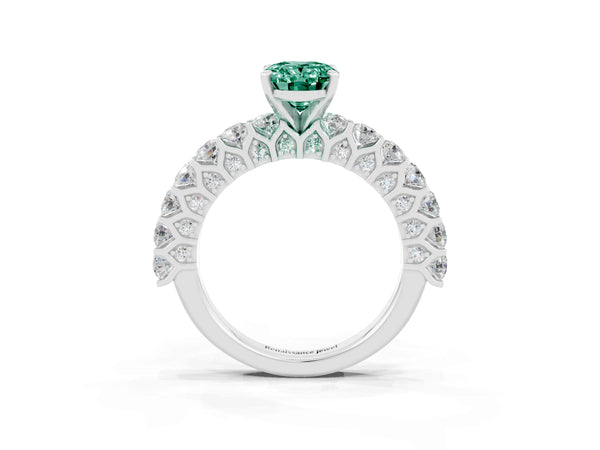 Platinum Oval Cut Green Sapphire Solitaire Ring with Shared Prong Pavé Band and Four-Prong Setting
