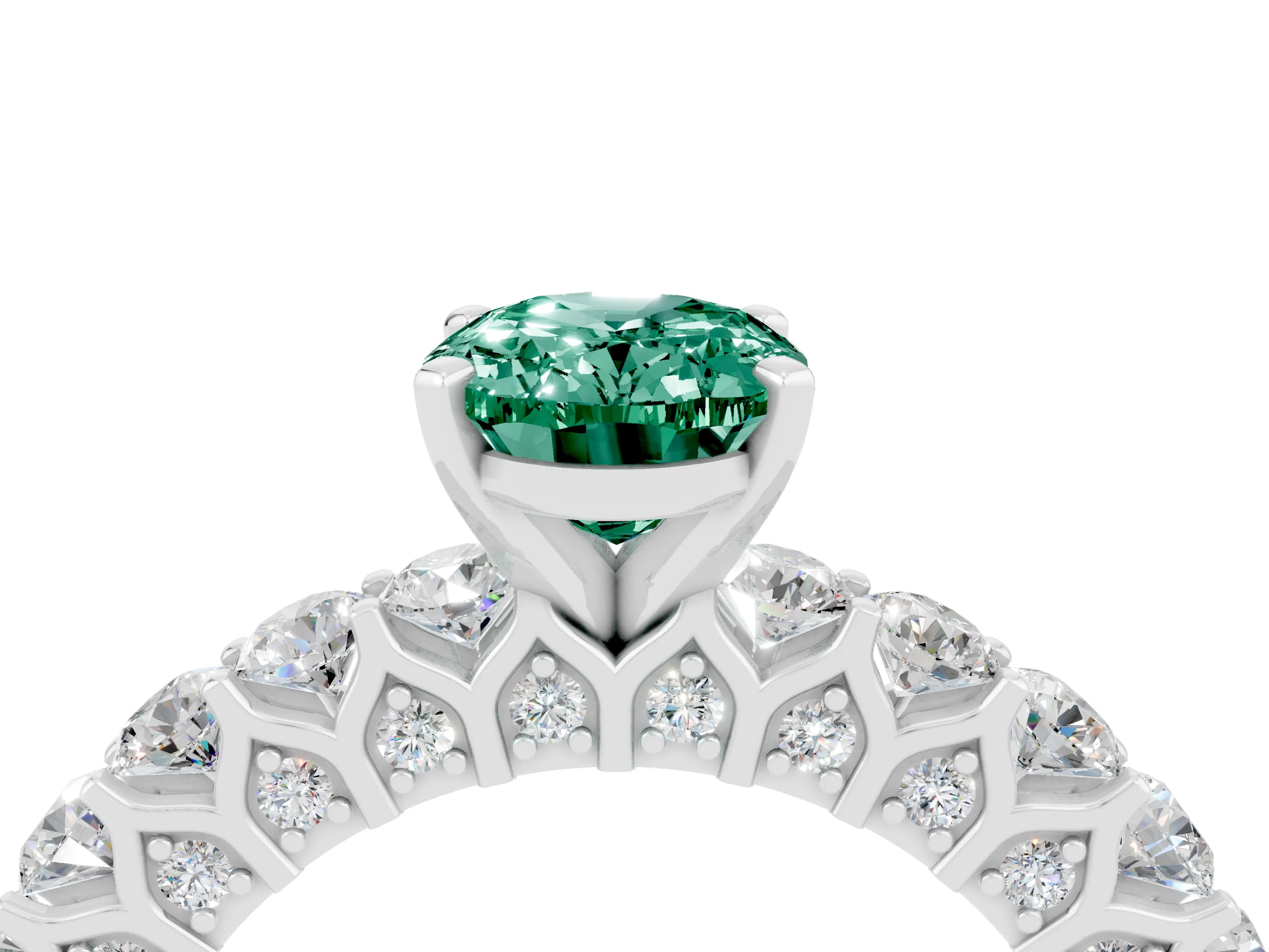White gold Oval Cut Green Sapphire Solitaire Ring with Shared Prong Pavé Band and Four-Prong Setting_4
