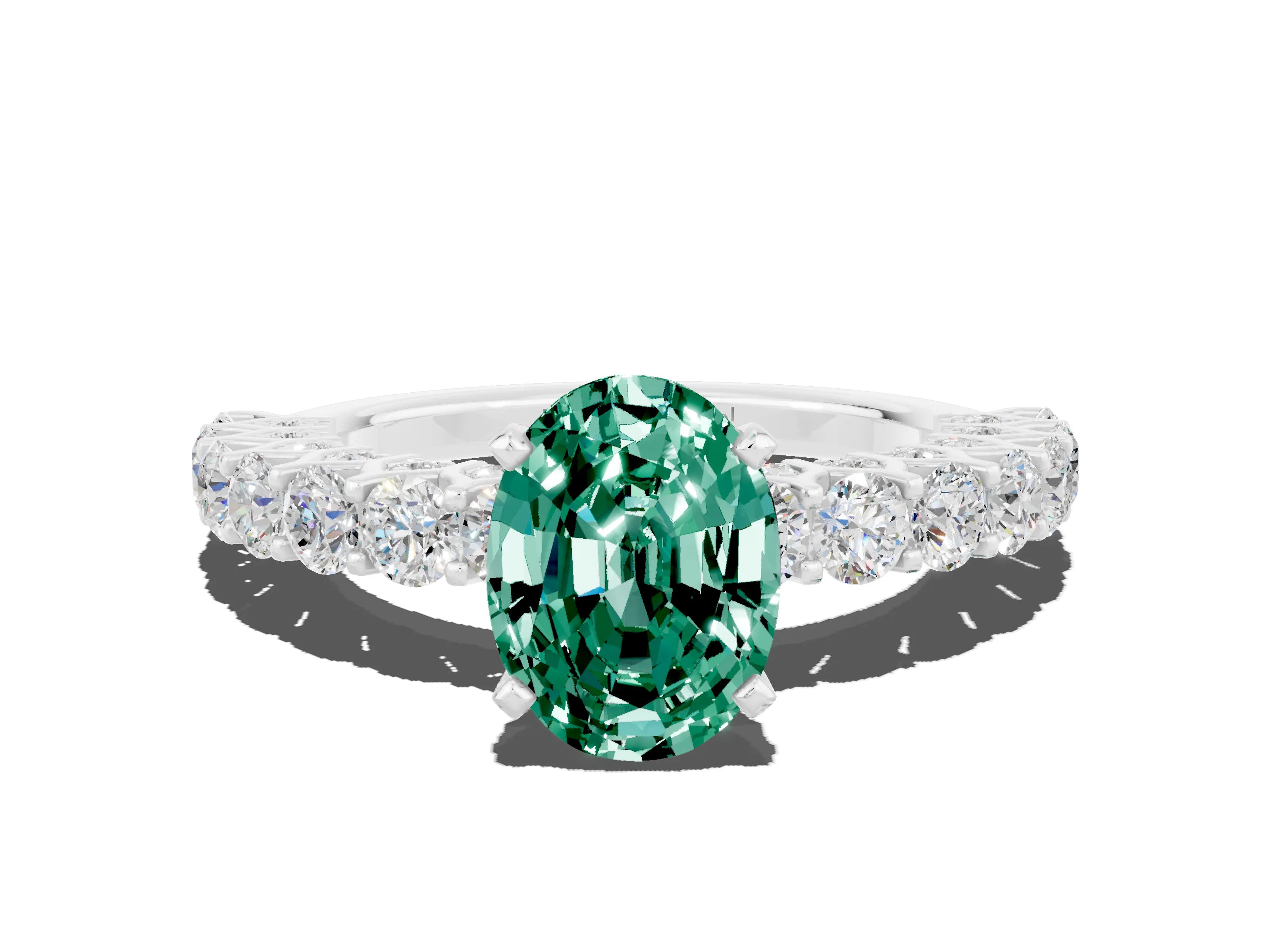 White gold Oval Cut Green Sapphire Solitaire Ring with Shared Prong Pavé Band and Four-Prong Setting