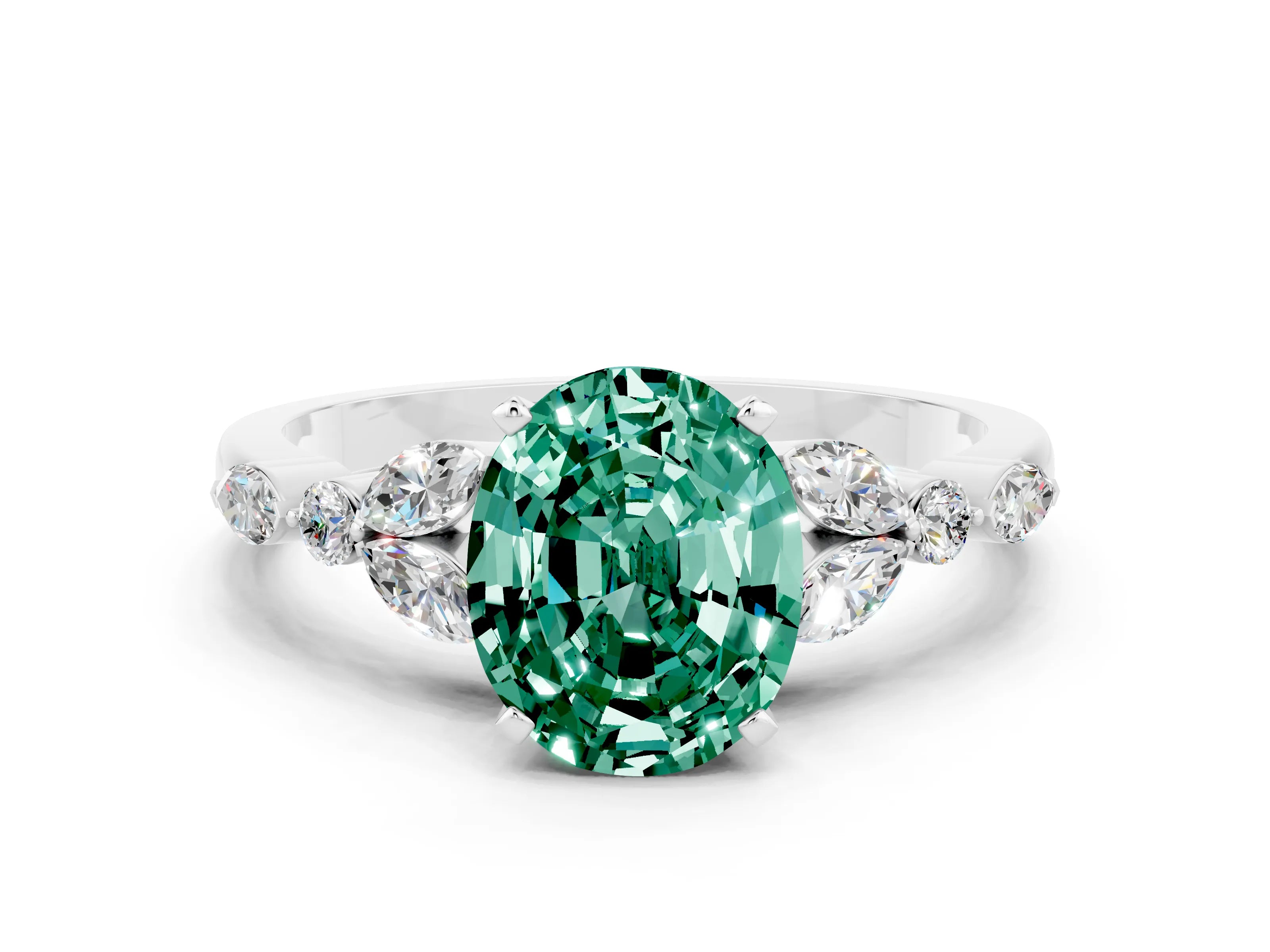 White gold Oval Cut Green Sapphire Solitaire Ring with Side Stones and Four-Prong Setting_42