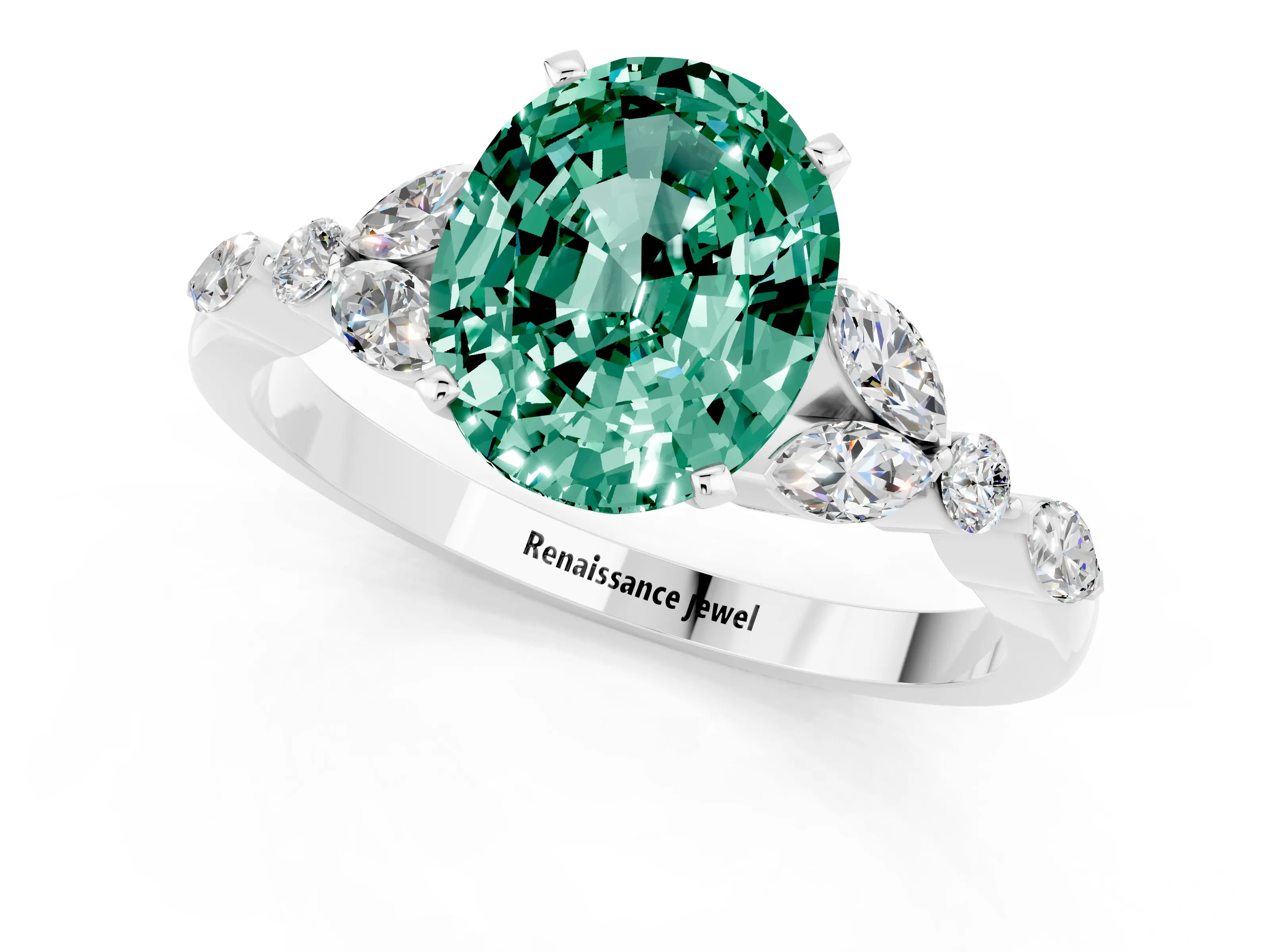 White gold Oval Cut Green Sapphire Solitaire Ring with Side Stones and Four-Prong Setting_43