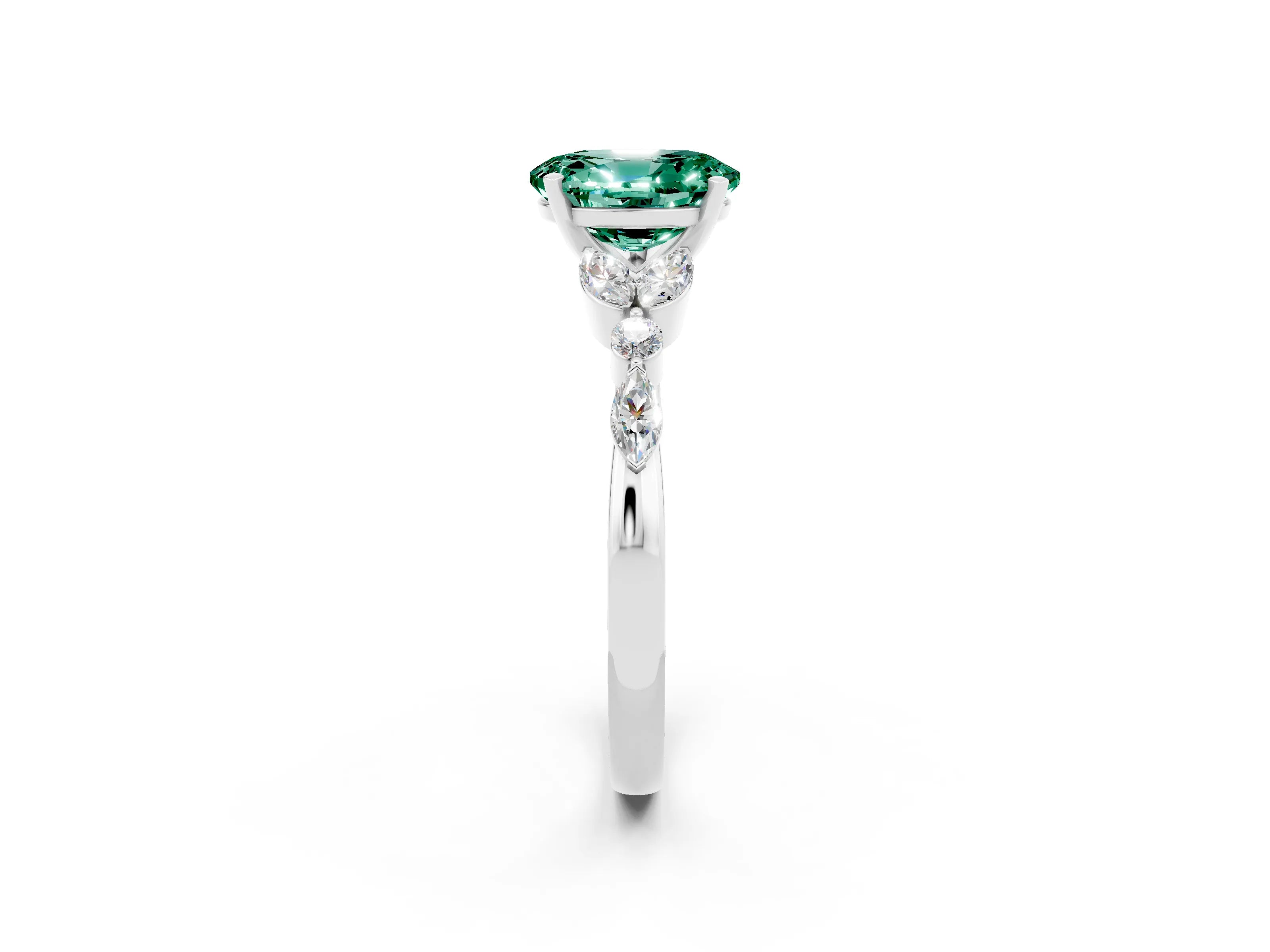 White gold Oval Cut Green Sapphire Solitaire Ring with Side Stones and Four-Prong Setting_44