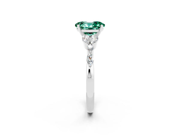 White gold Oval Cut Green Sapphire Solitaire Ring with Side Stones and Four-Prong Setting