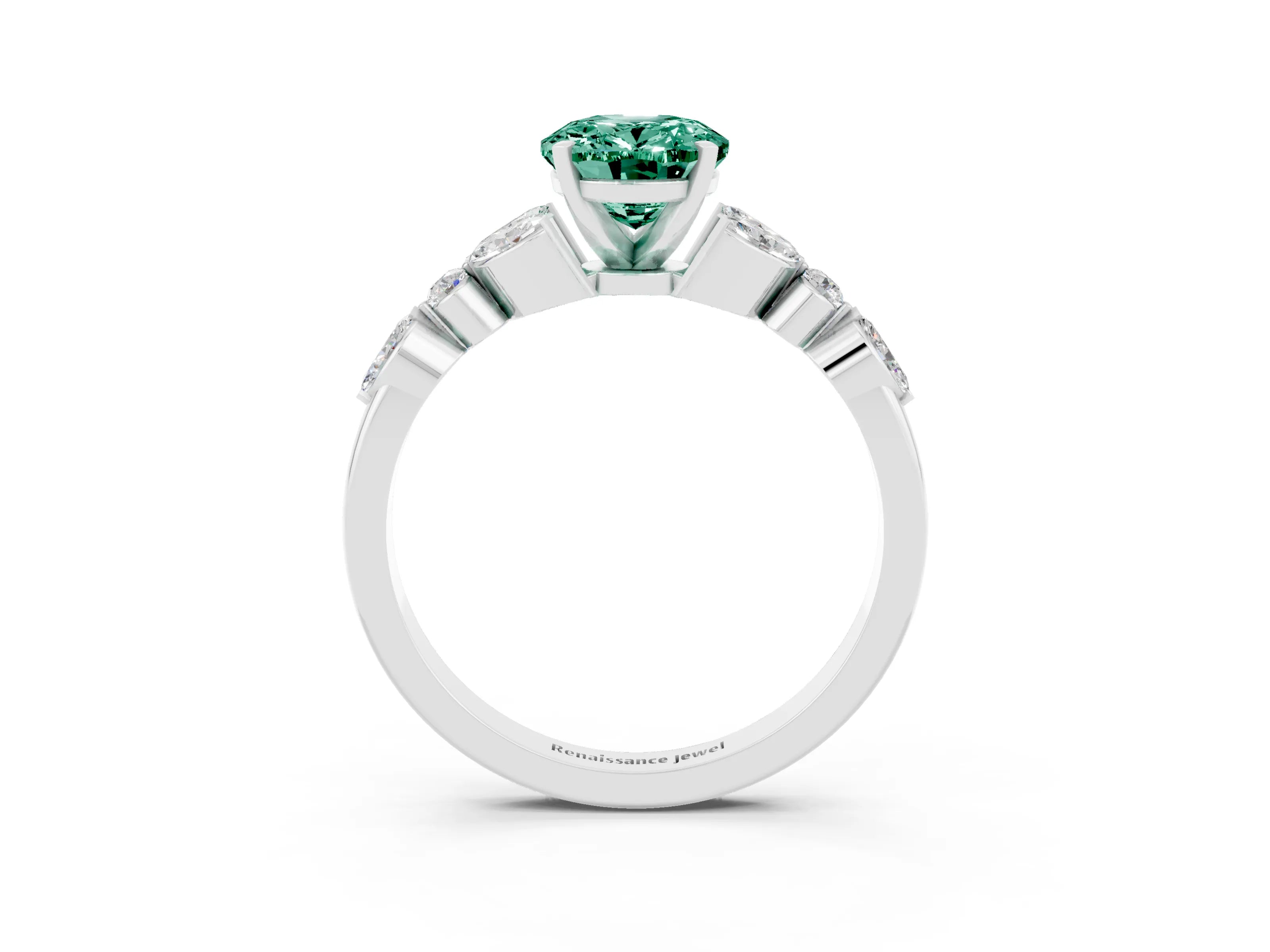 White gold Oval Cut Green Sapphire Solitaire Ring with Side Stones and Four-Prong Setting_45