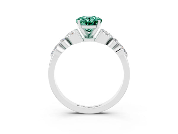 White gold Oval Cut Green Sapphire Solitaire Ring with Side Stones and Four-Prong Setting