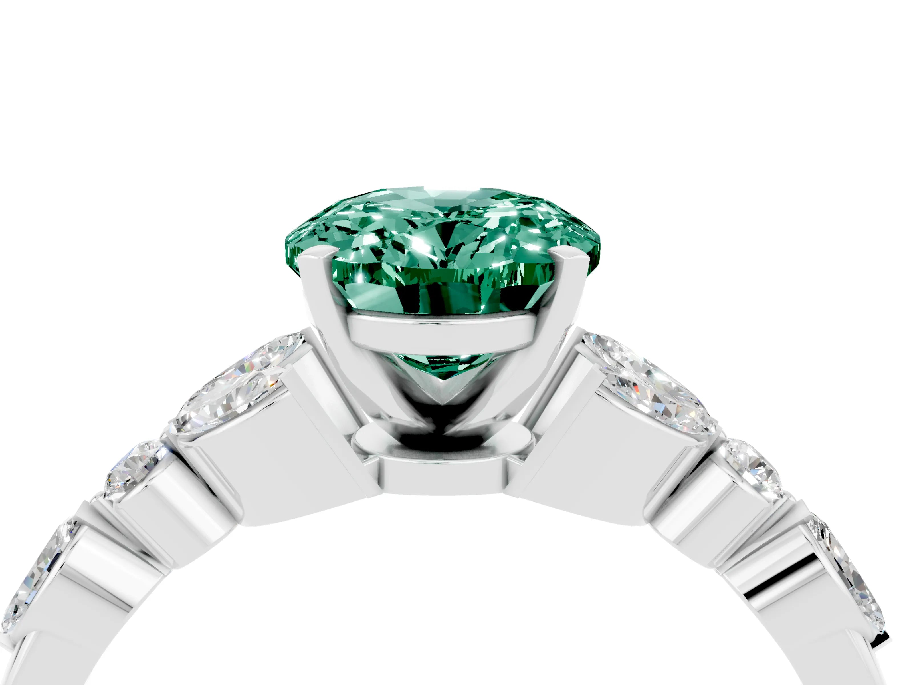White gold Oval Cut Green Sapphire Solitaire Ring with Side Stones and Four-Prong Setting_46