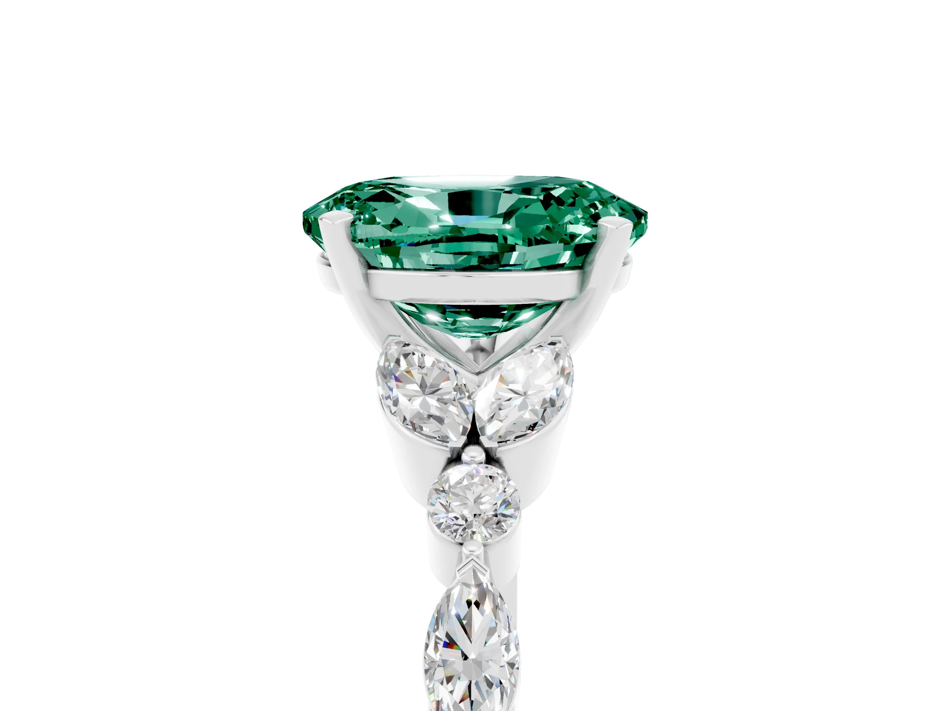 White gold Oval Cut Green Sapphire Solitaire Ring with Side Stones and Four-Prong Setting_47