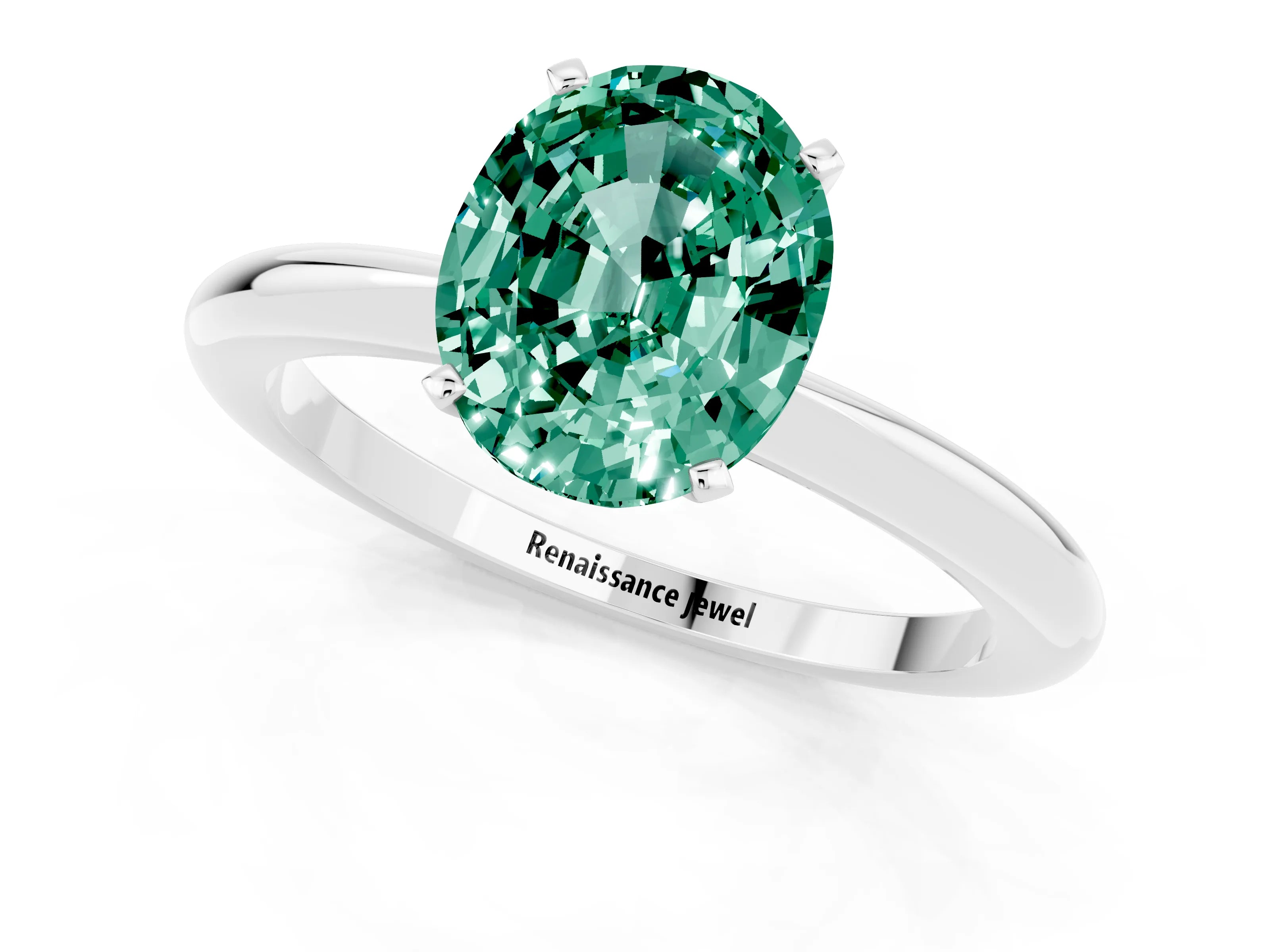 White gold Oval Cut Green Sapphire Solitaire Ring with Six-Prong Setting and Classic Band_49
