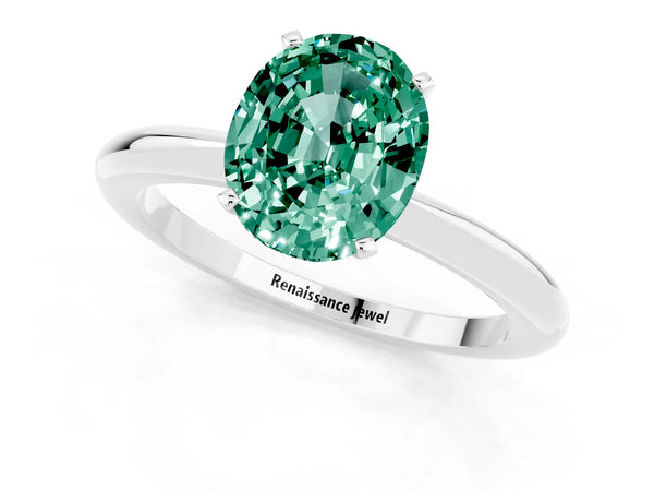 White gold Oval Cut Green Sapphire Solitaire Ring with Six-Prong Setting and Classic Band