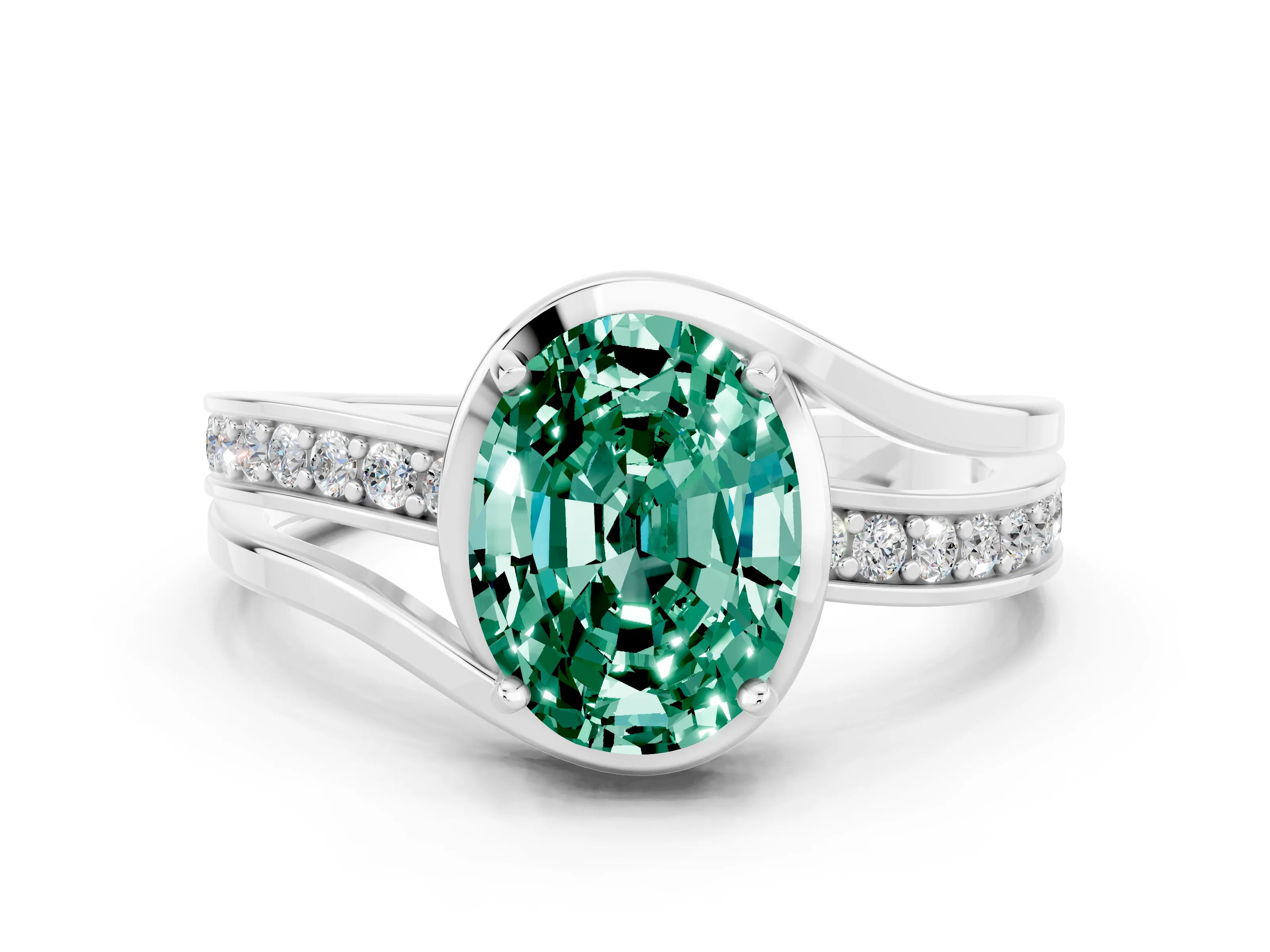 White gold Oval Cut Green Sapphire Solitaire Ring with Split Shank and Prong Setting