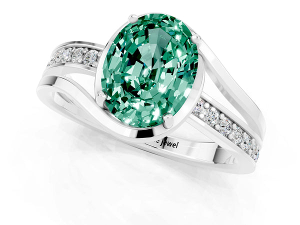 White gold Oval Cut Green Sapphire Solitaire Ring with Split Shank and Prong Setting