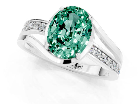 White gold Oval Cut Green Sapphire Solitaire Ring with Split Shank and Prong Setting_1