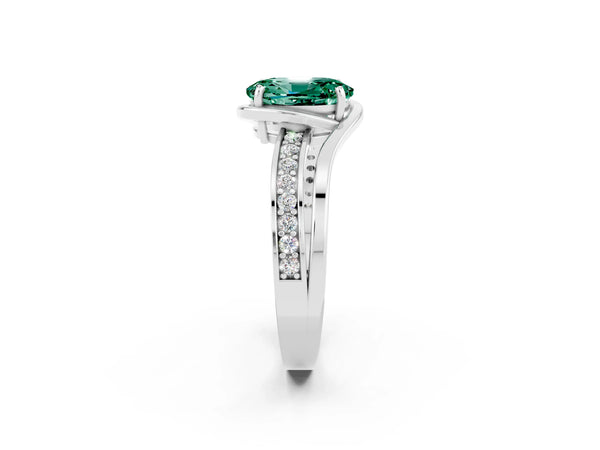 White gold Oval Cut Green Sapphire Solitaire Ring with Split Shank and Prong Setting