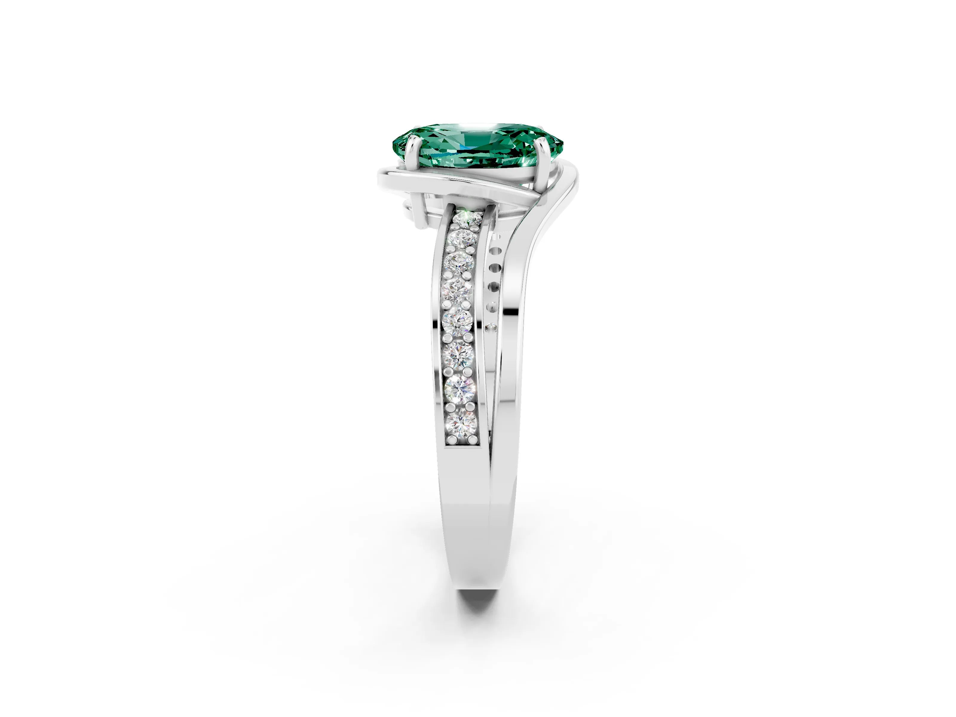 White gold Oval Cut Green Sapphire Solitaire Ring with Split Shank and Prong Setting_2