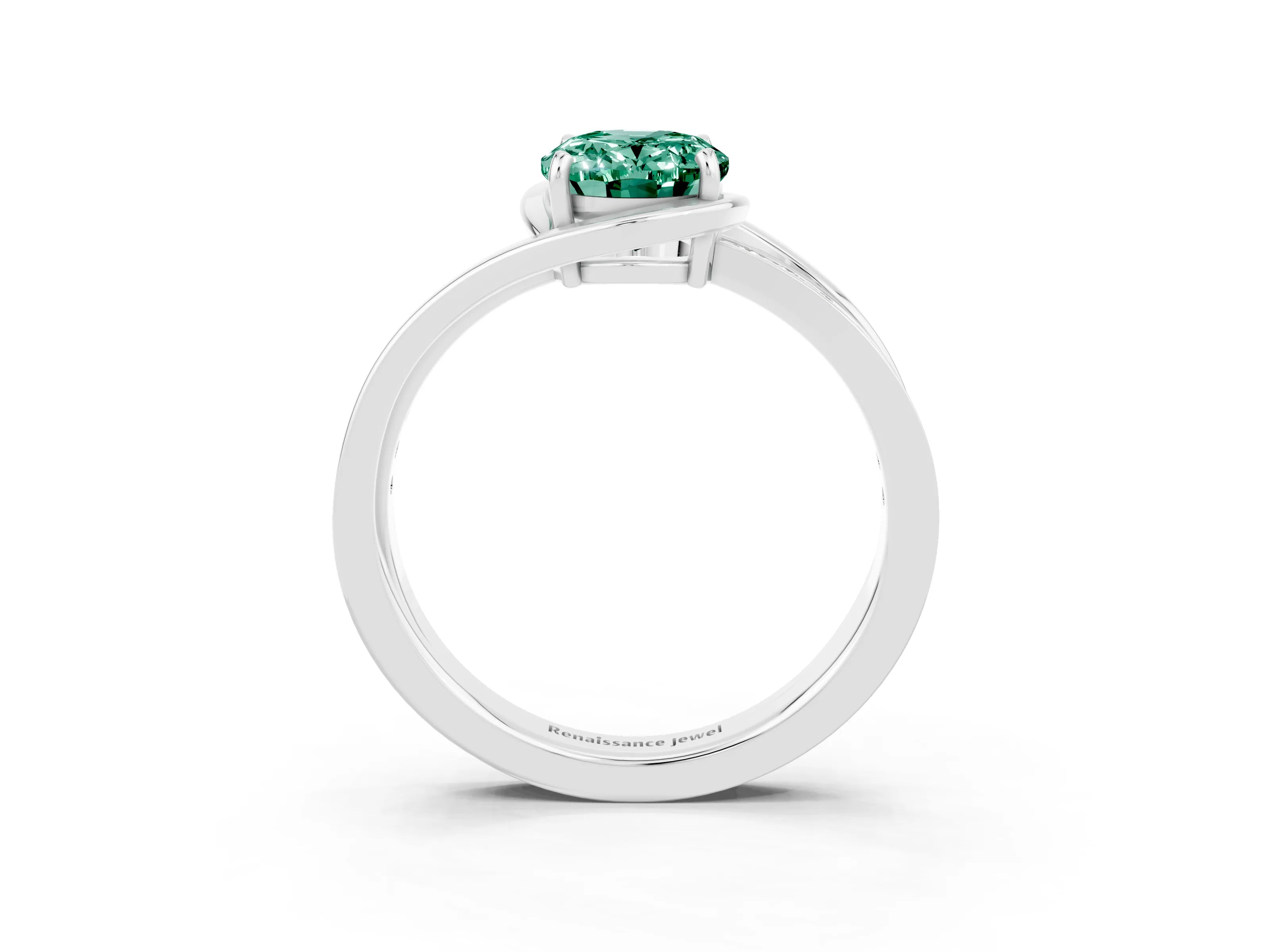White gold Oval Cut Green Sapphire Solitaire Ring with Split Shank and Prong Setting_3