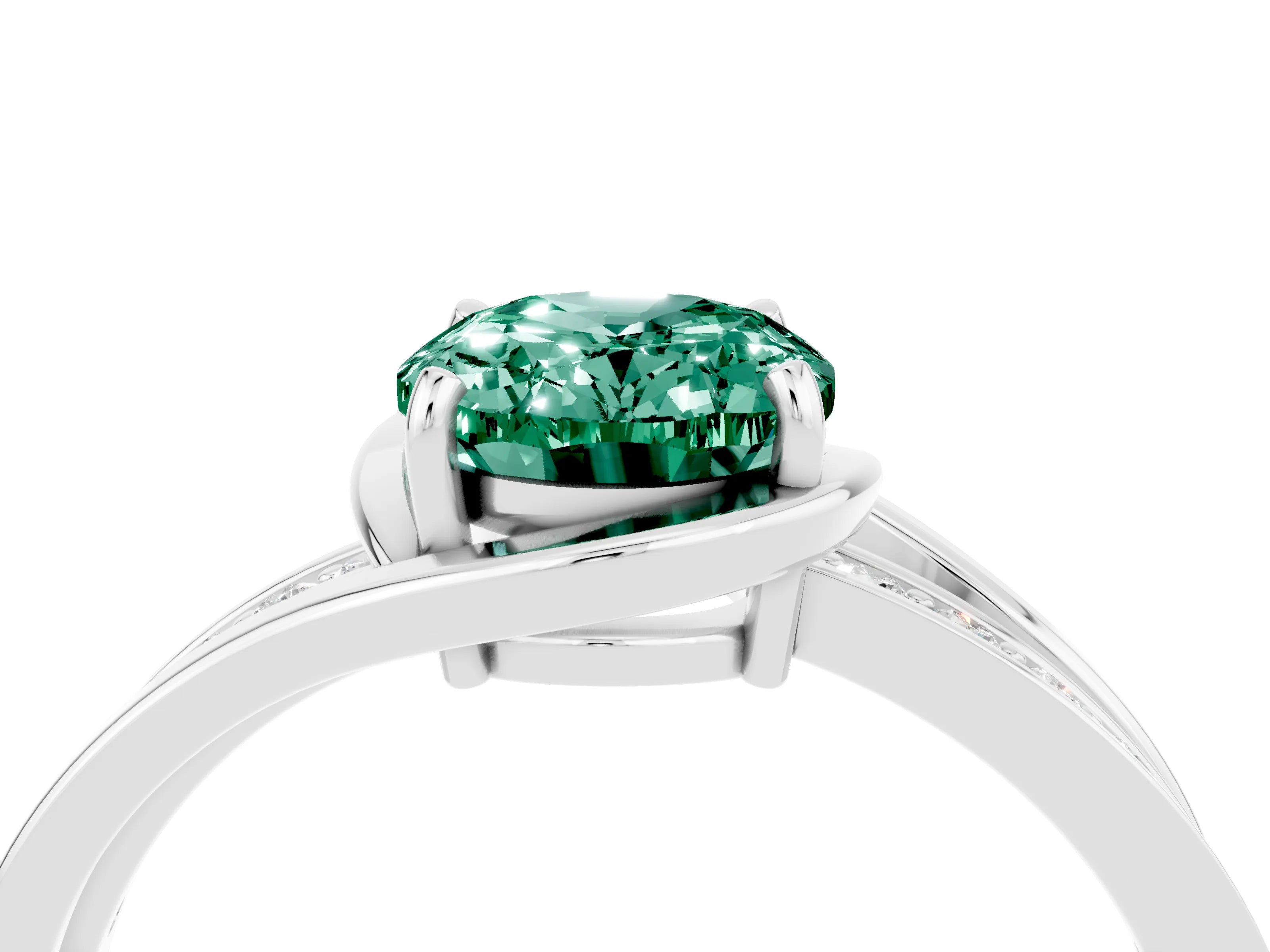 White gold Oval Cut Green Sapphire Solitaire Ring with Split Shank and Prong Setting_4