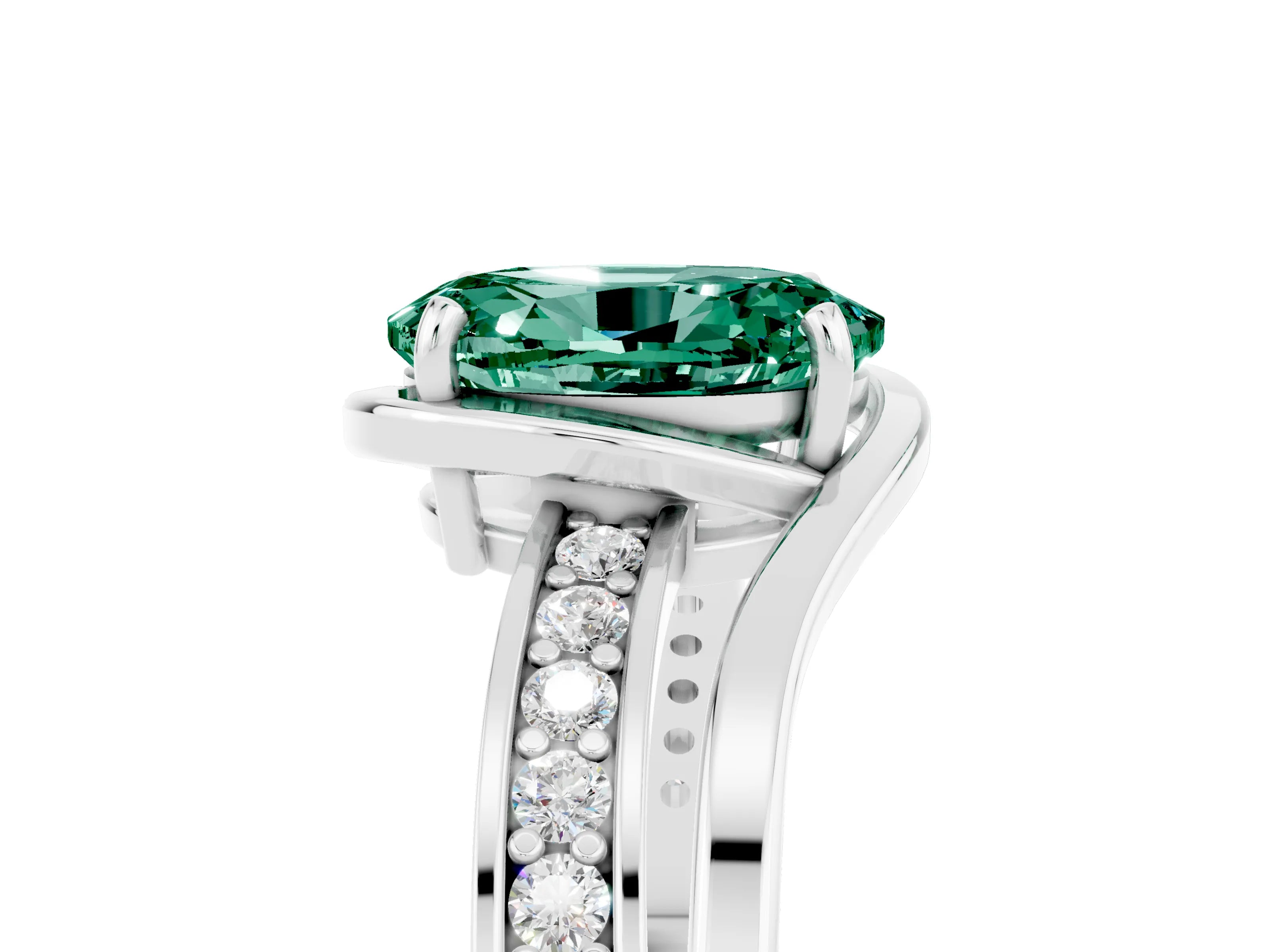 White gold Oval Cut Green Sapphire Solitaire Ring with Split Shank and Prong Setting_5