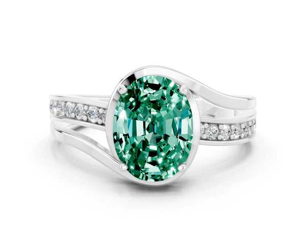 Silver Oval Cut Green Sapphire Solitaire Ring with Split Shank and Prong Setting