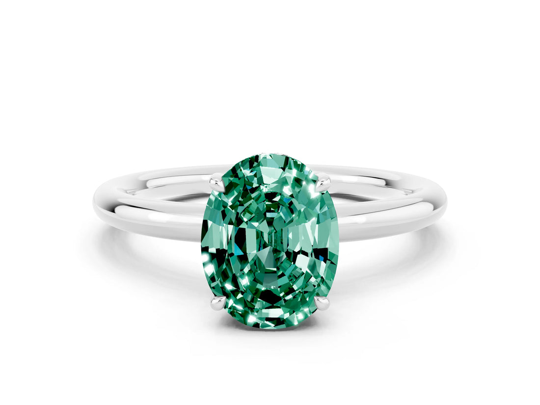 White gold Oval Cut Green Sapphire Solitaire Ring with Thin Band and Four-Prong Setting_12
