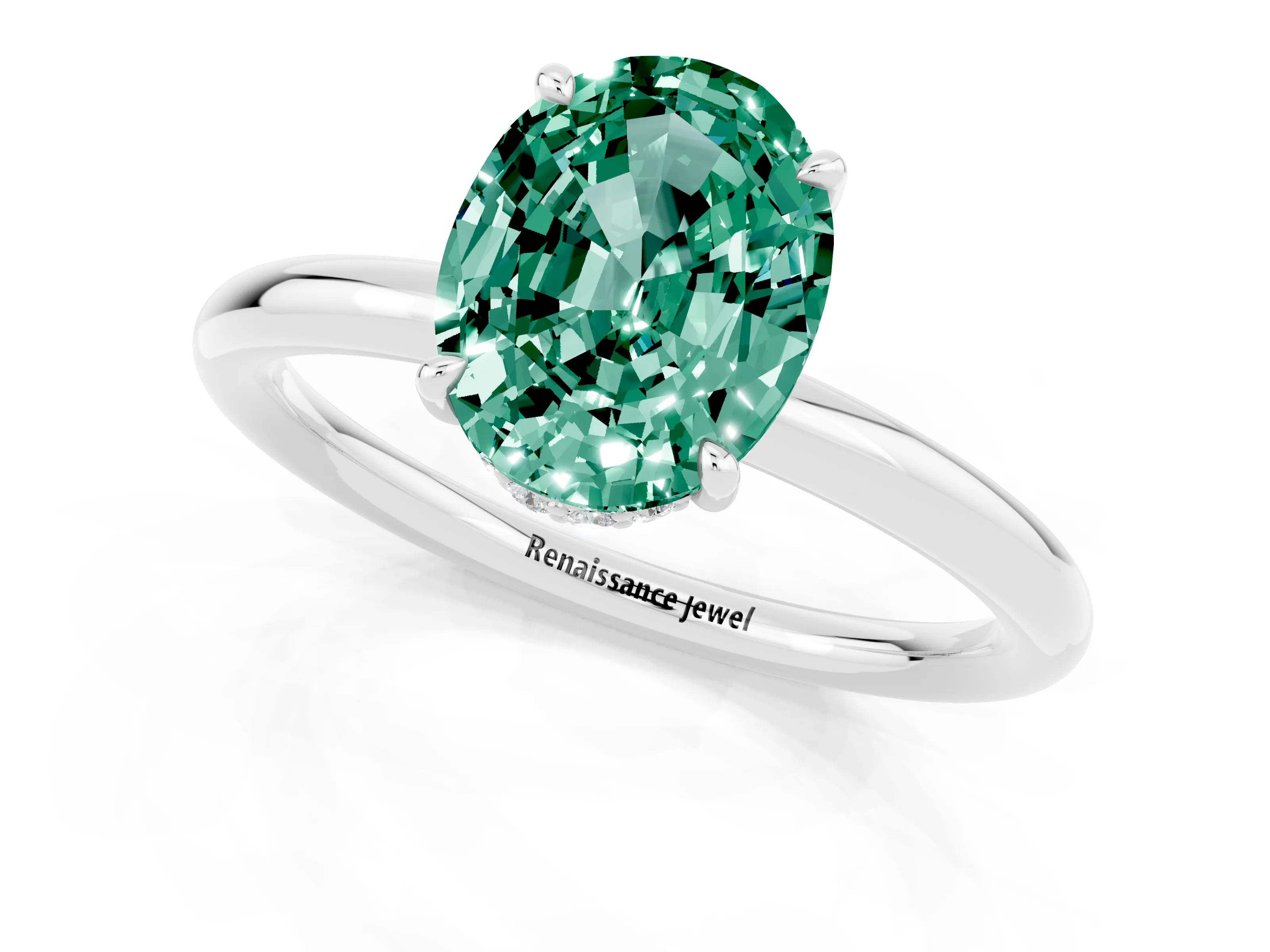 White gold Oval Cut Green Sapphire Solitaire Ring with Thin Band and Four-Prong Setting_13