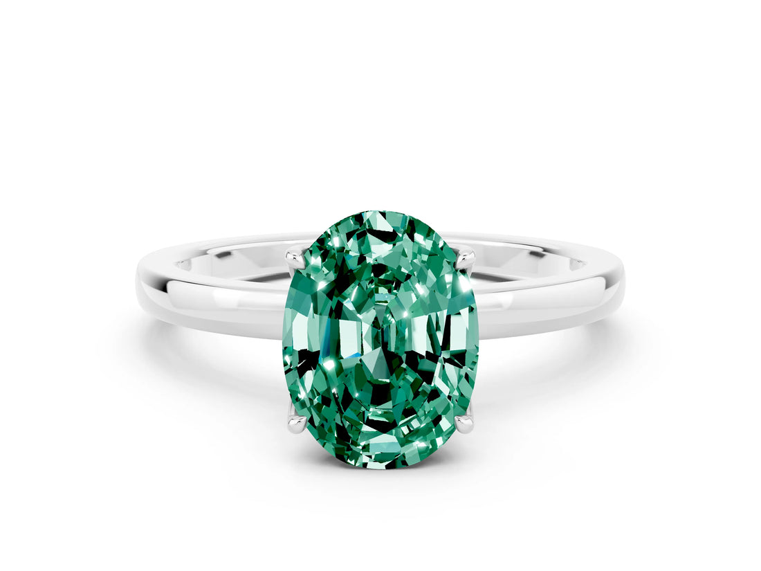White gold Oval Cut Green Sapphire Solitaire Ring with Thin Band and Prong Setting_12