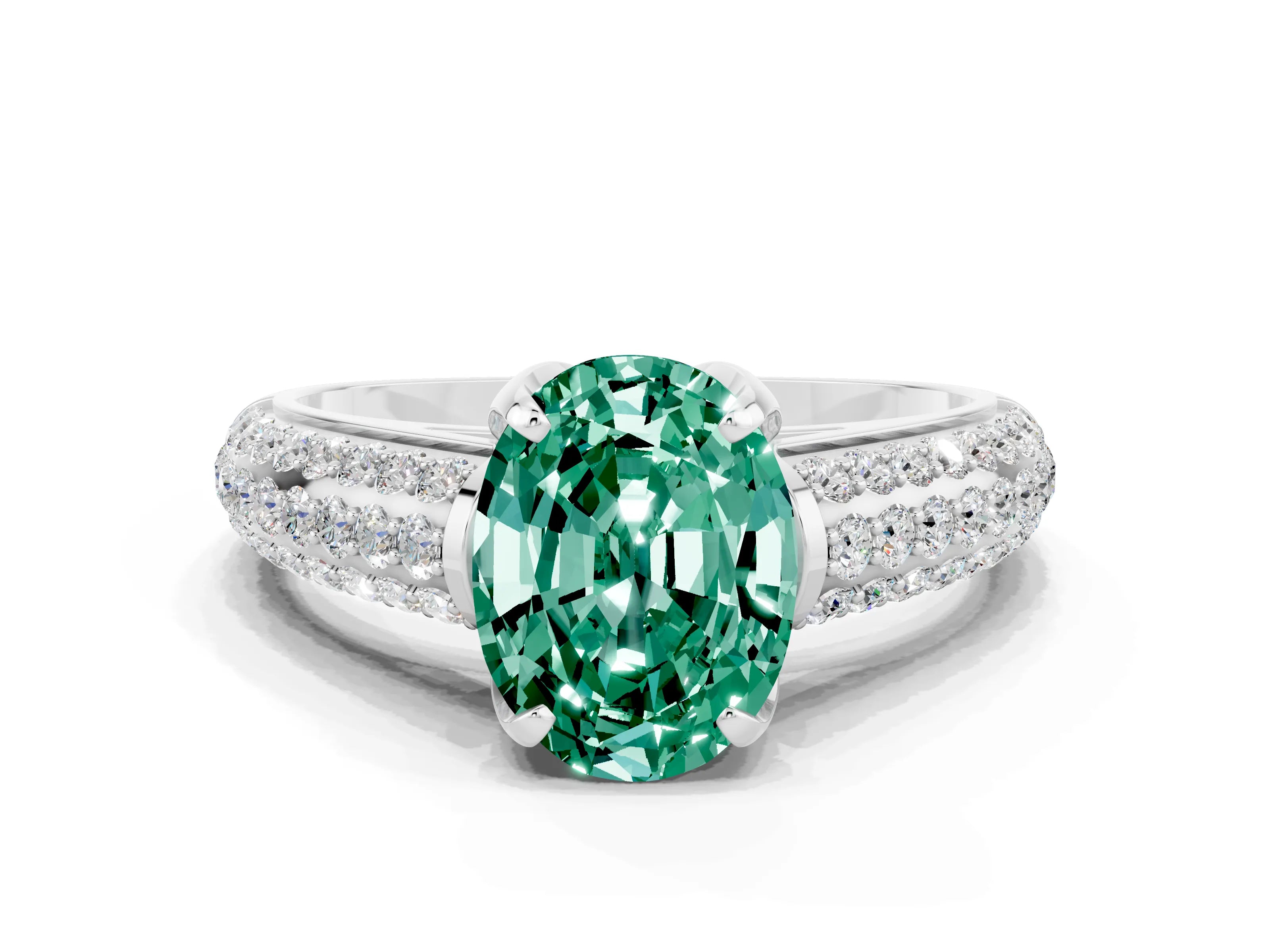 White gold Oval Cut Green Sapphire Solitaire Ring with Three-Row Pavé Band and Four-Prong Setting_12