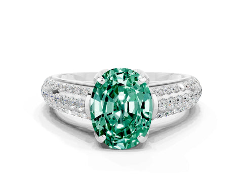 White gold Oval Cut Green Sapphire Solitaire Ring with Three-Row Pavé Band and Four-Prong Setting_12