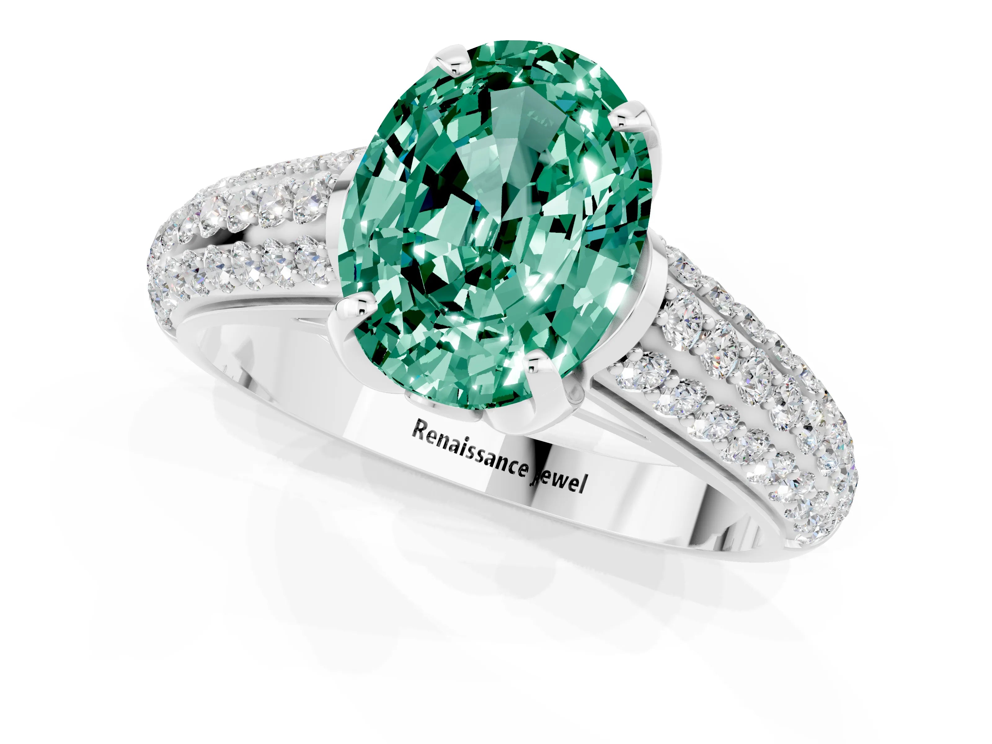 White gold Oval Cut Green Sapphire Solitaire Ring with Three-Row Pavé Band and Four-Prong Setting_13