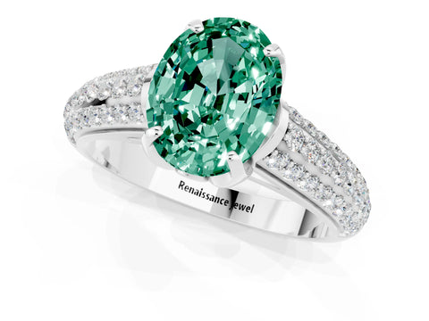 White gold Oval Cut Green Sapphire Solitaire Ring with Three-Row Pavé Band and Four-Prong Setting_13