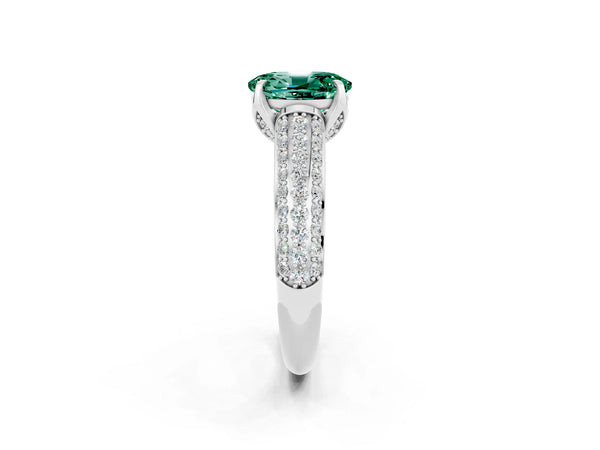 Silver Oval Cut Green Sapphire Solitaire Ring with Three-Row Pavé Band and Four-Prong Setting