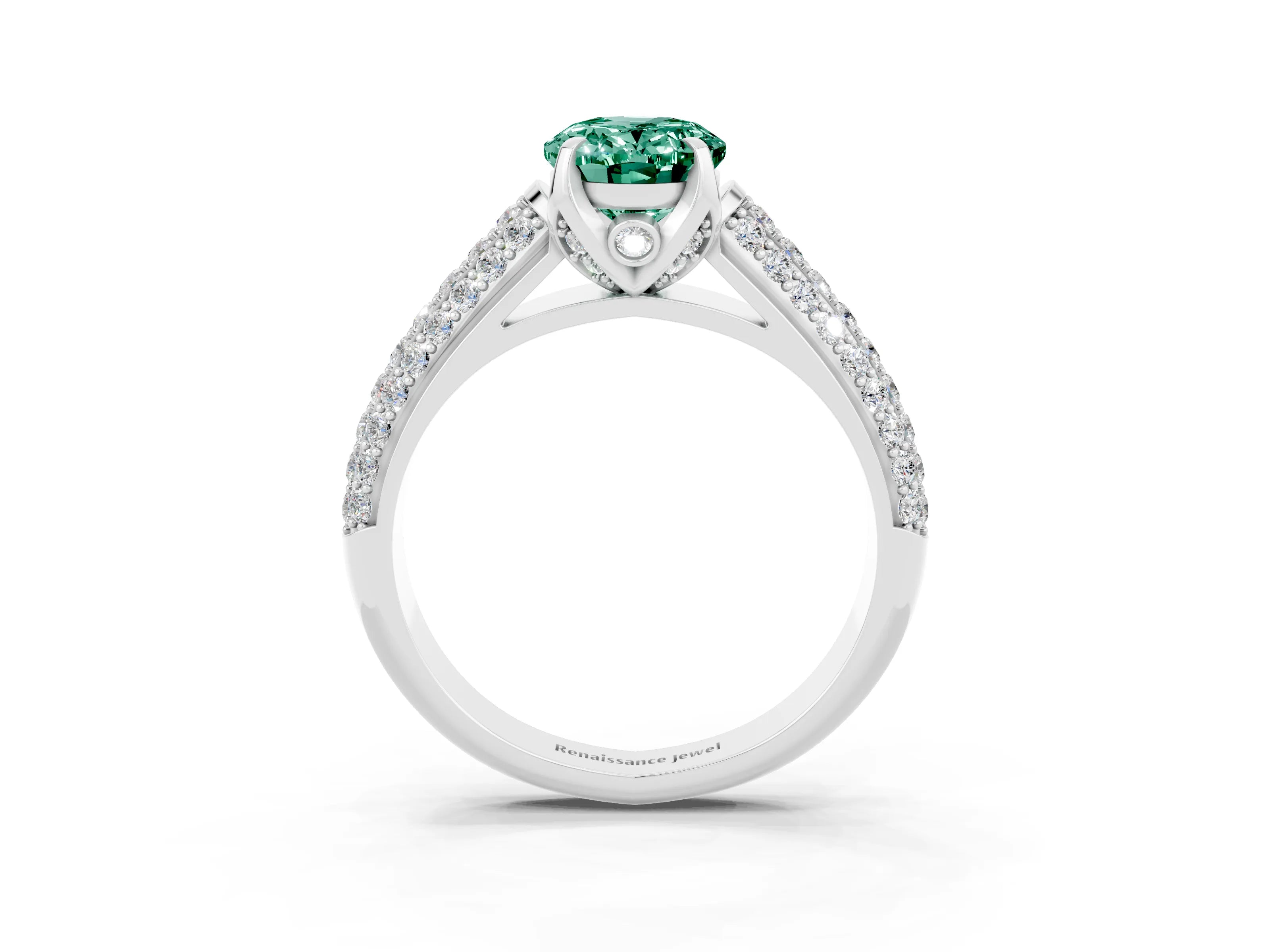 White gold Oval Cut Green Sapphire Solitaire Ring with Three-Row Pavé Band and Four-Prong Setting_15