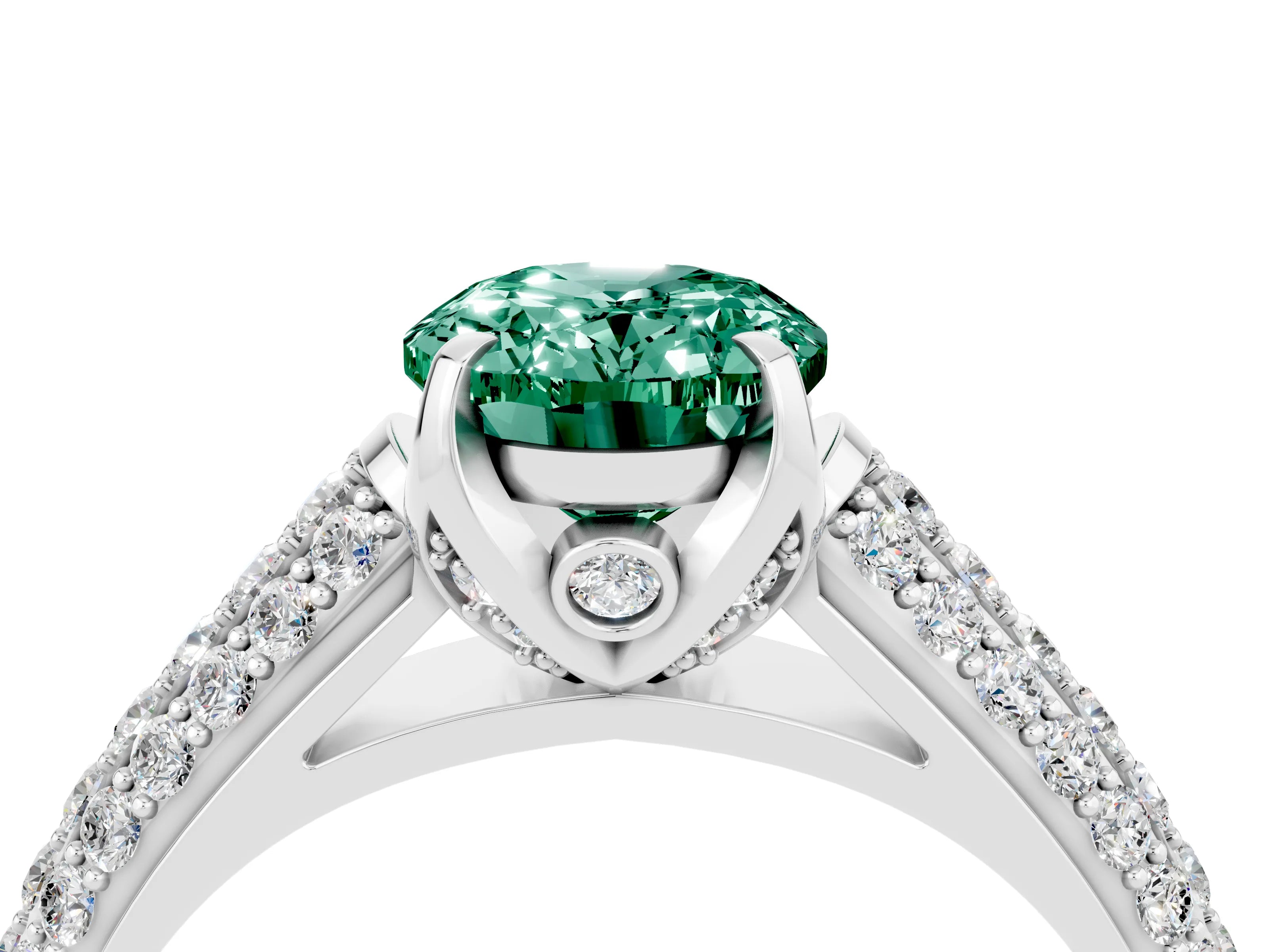 White gold Oval Cut Green Sapphire Solitaire Ring with Three-Row Pavé Band and Four-Prong Setting_16