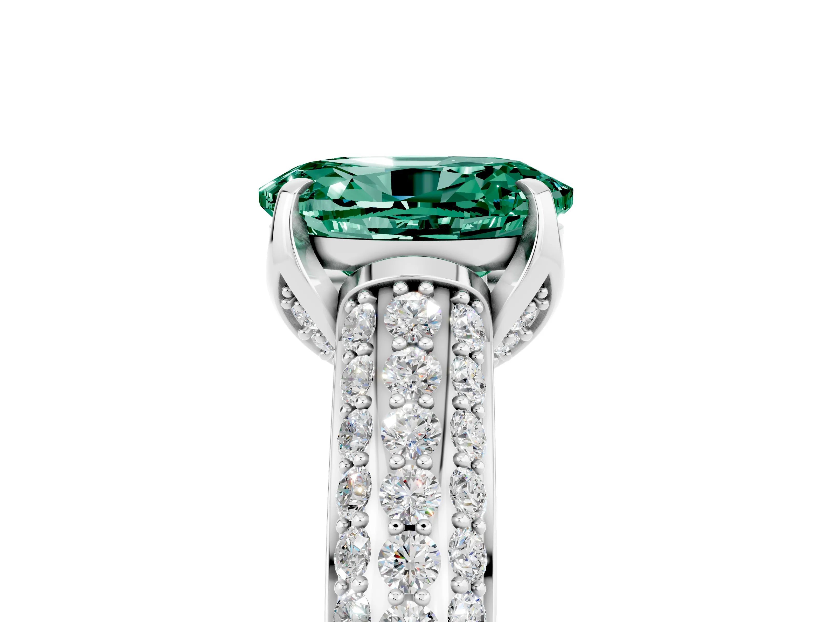White gold Oval Cut Green Sapphire Solitaire Ring with Three-Row Pavé Band and Four-Prong Setting_17