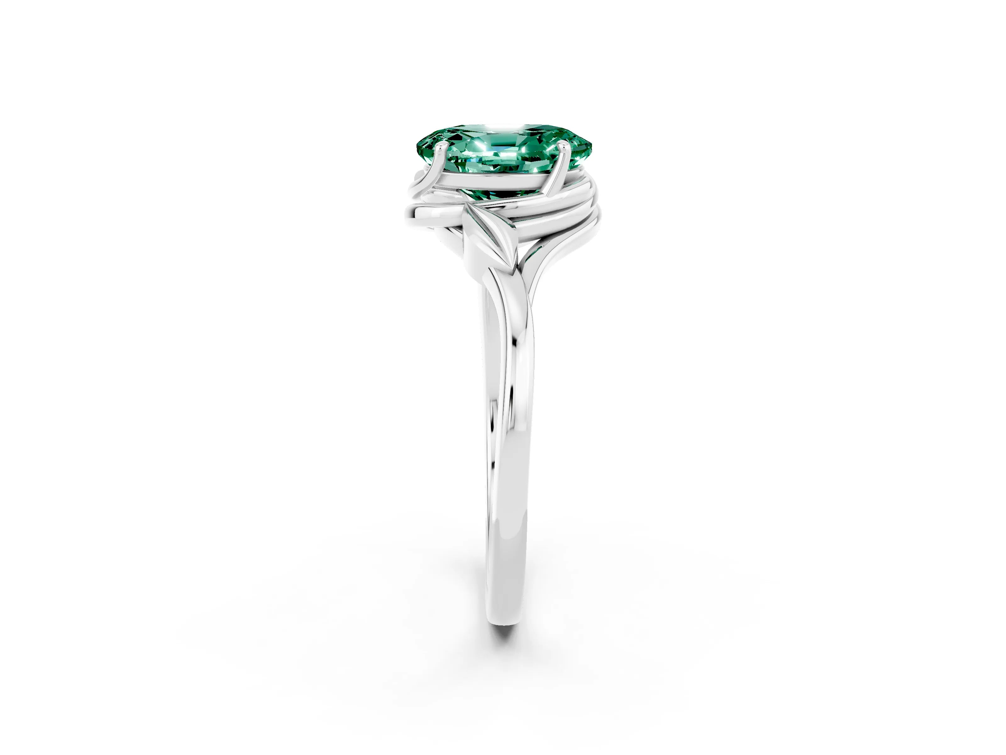 White gold Oval Cut Green Sapphire Solitaire Ring with Twist Band and Four-Prong Setting_14
