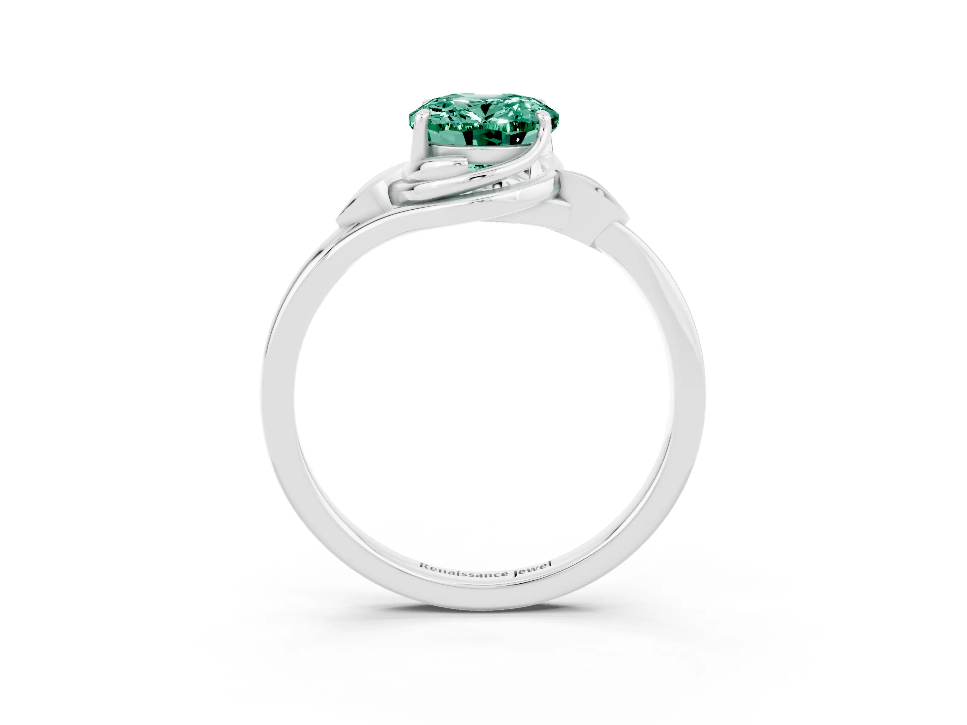 White gold Oval Cut Green Sapphire Solitaire Ring with Twist Band and Four-Prong Setting_15