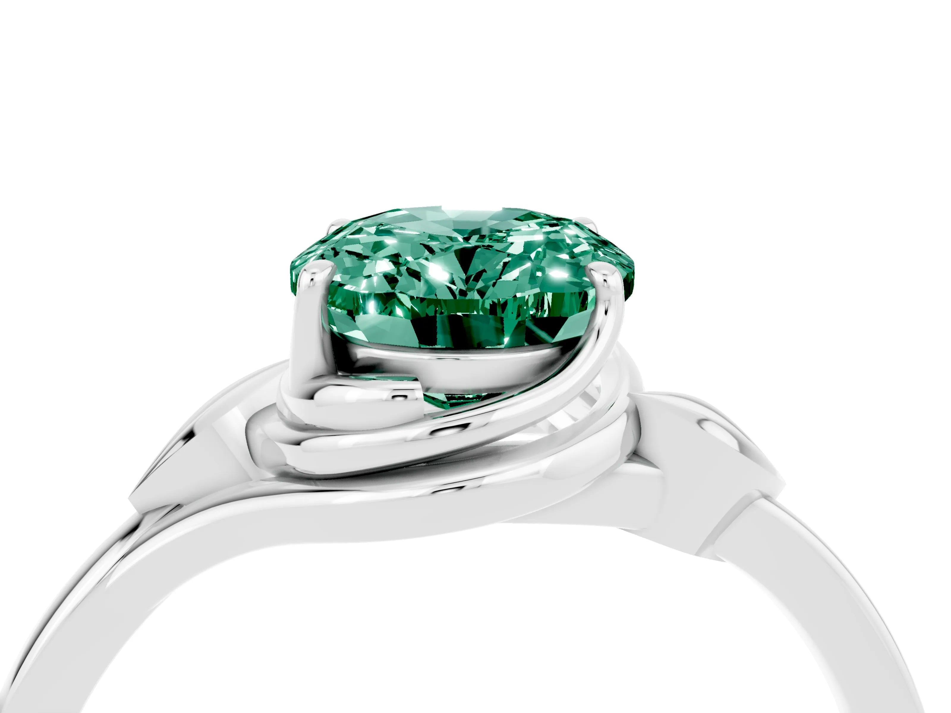 White gold Oval Cut Green Sapphire Solitaire Ring with Twist Band and Four-Prong Setting_16