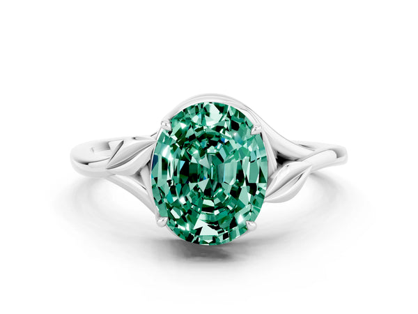 White gold Oval Cut Green Sapphire Solitaire Ring with Twist Band and Four-Prong Setting
