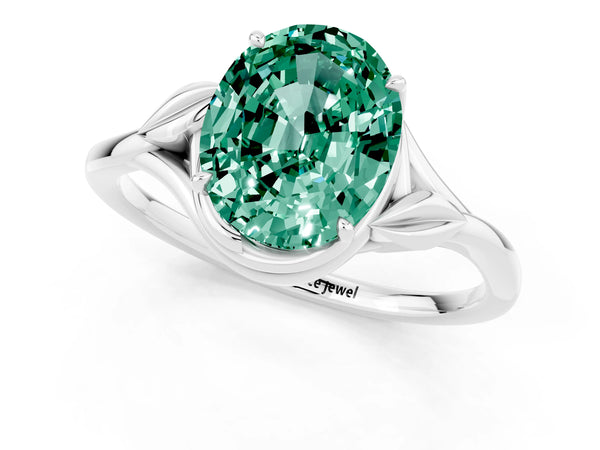 White gold Oval Cut Green Sapphire Solitaire Ring with Twist Band and Four-Prong Setting