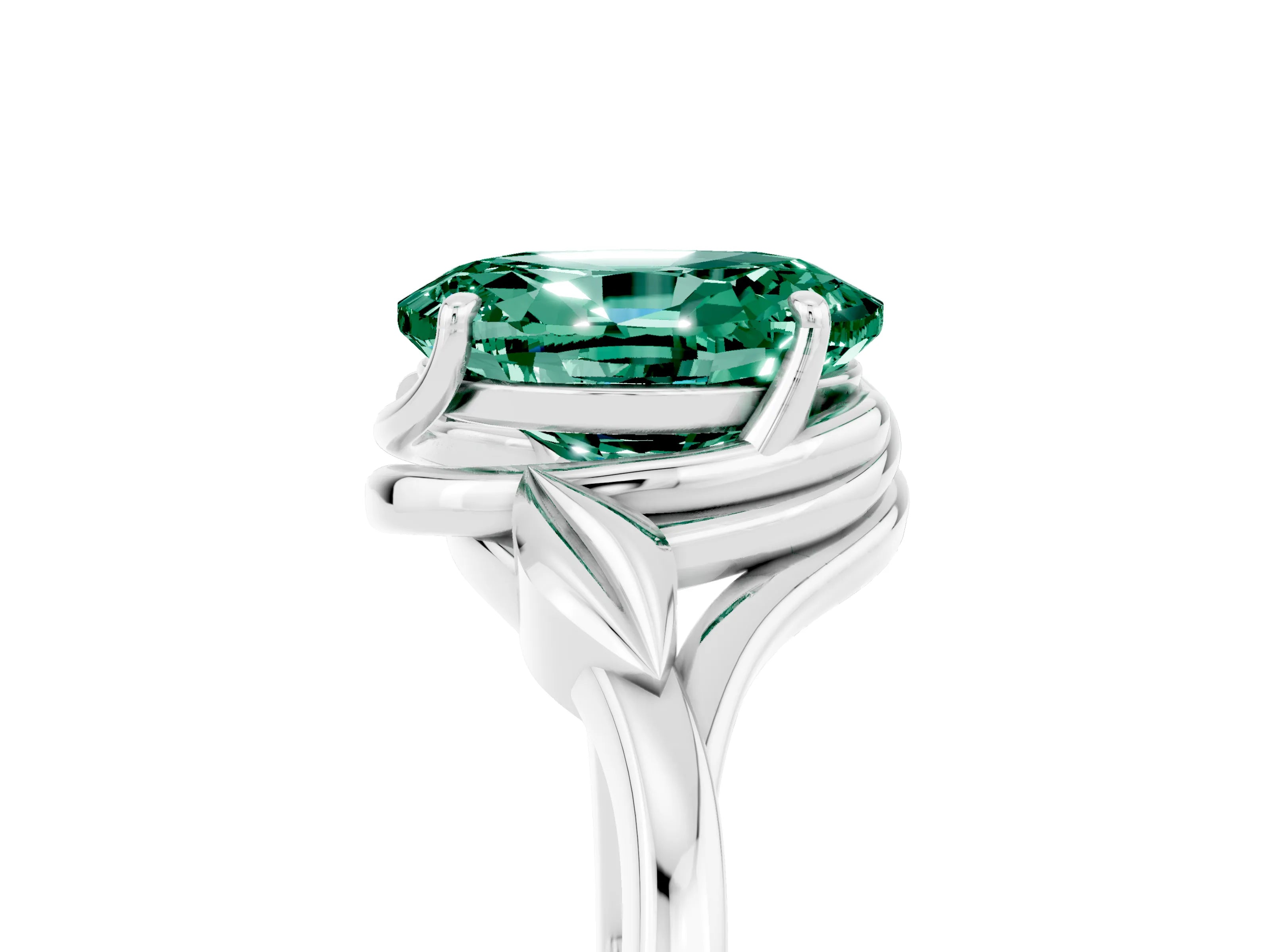 White gold Oval Cut Green Sapphire Solitaire Ring with Twist Band and Four-Prong Setting_41