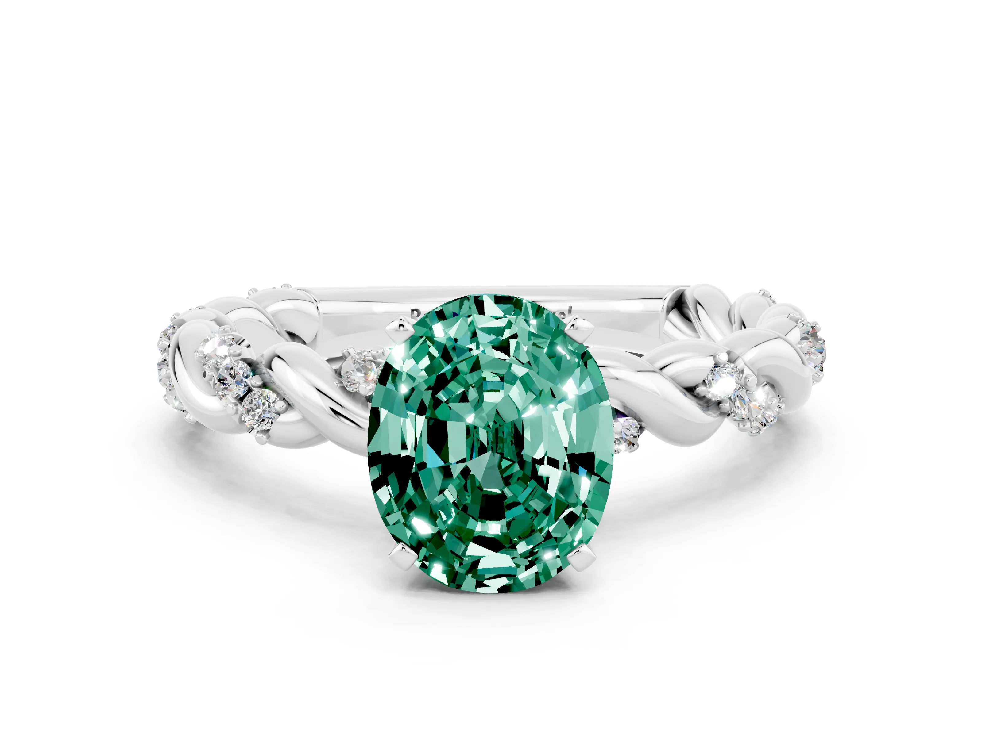 White gold Oval Cut Green Sapphire Solitaire Ring with Twisted Band and Pavé Accents