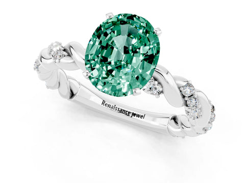 White gold Oval Cut Green Sapphire Solitaire Ring with Twisted Band and Pavé Accents_1