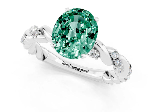 White gold Oval Cut Green Sapphire Solitaire Ring with Twisted Band and Pavé Accents