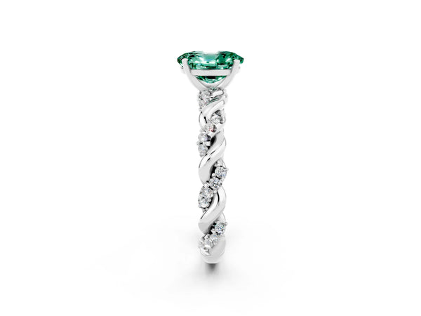 Platinum Oval Cut Green Sapphire Solitaire Ring with Twisted Band and Pavé Accents
