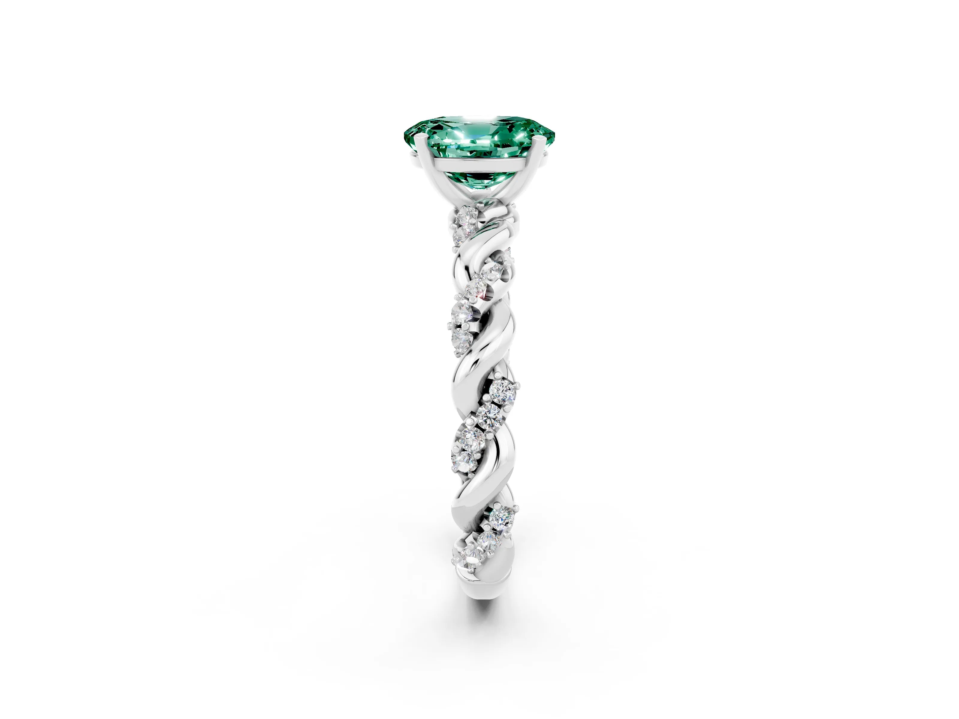 White gold Oval Cut Green Sapphire Solitaire Ring with Twisted Band and Pavé Accents_2